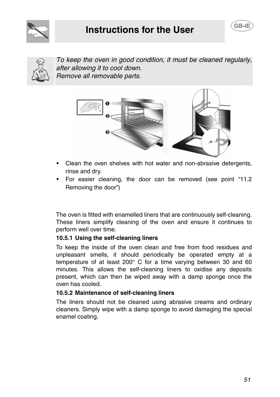 4 cleaning the oven, 1 using the self-cleaning liners, 2 maintenance of self-cleaning liners | Instructions for the user | Smeg F166-5 User Manual | Page 21 / 28