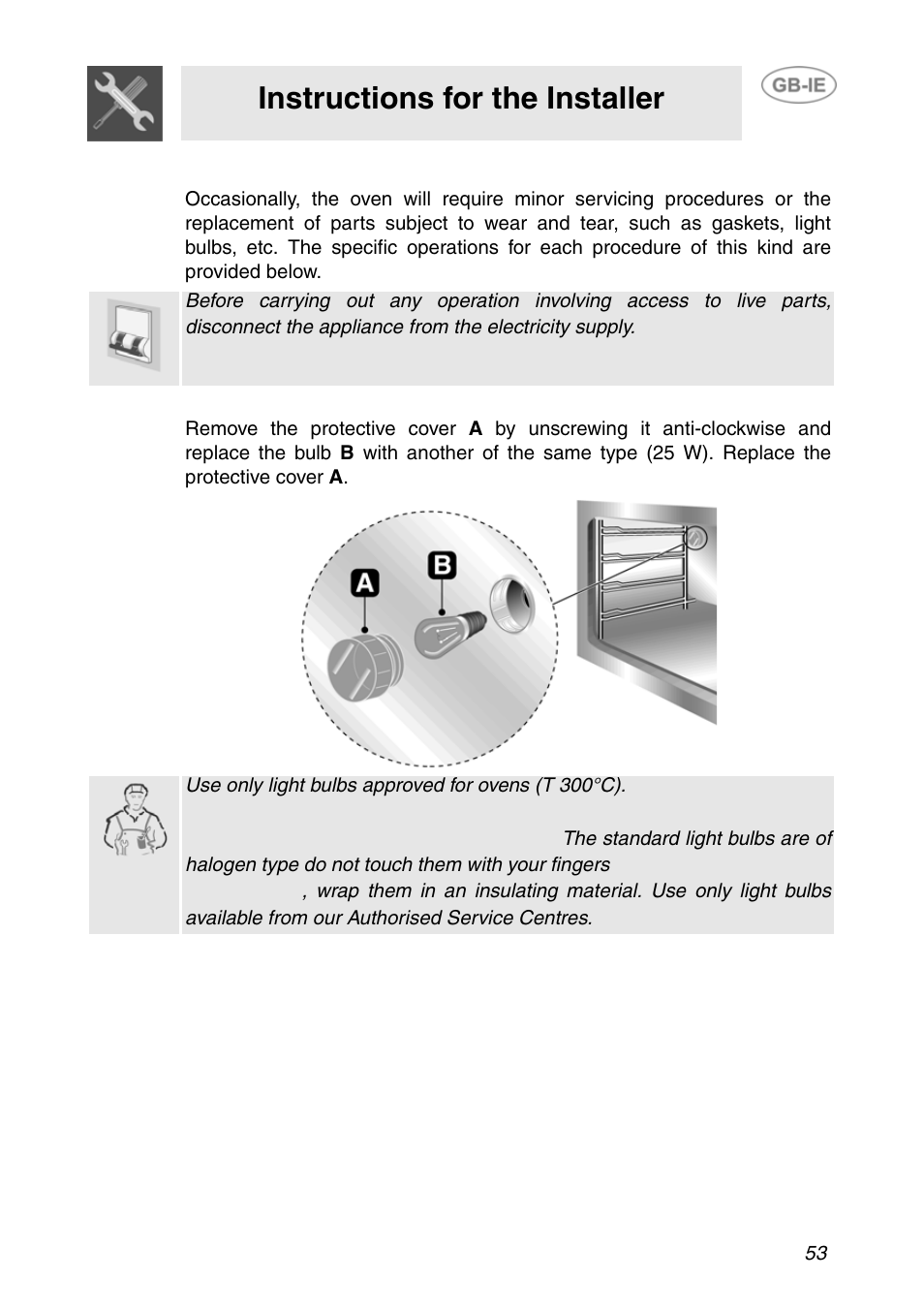 Extraordinary maintenance, 1 changing the light bulb, Instructions for the installer | Smeg F166-5 User Manual | Page 23 / 28