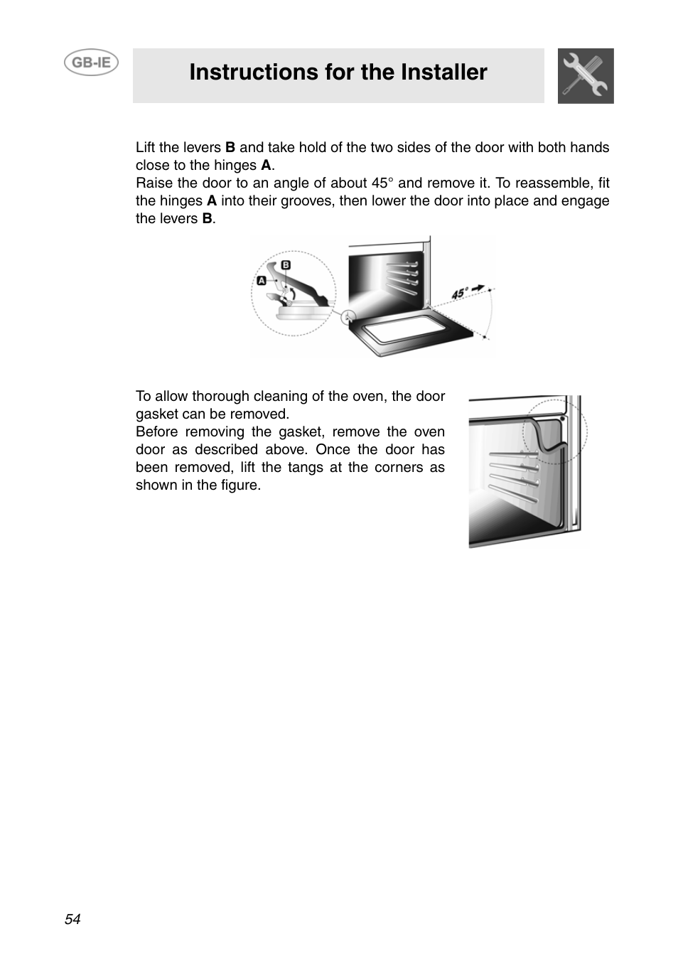 2 removing the door, 3 removing the gasket, Instructions for the installer | Smeg F166-5 User Manual | Page 24 / 28