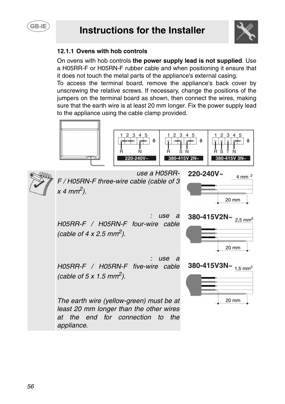 1 ovens with hob controls, Instructions for the installer | Smeg F166-5 User Manual | Page 26 / 28