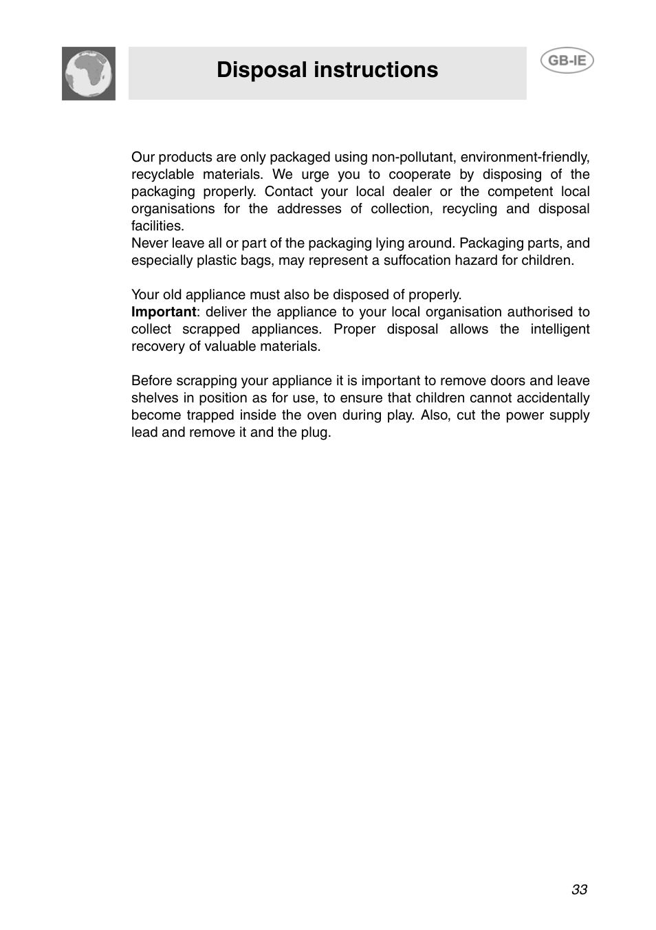 Disposal instructions - our environment policy, Disposal instructions | Smeg F166-5 User Manual | Page 3 / 28