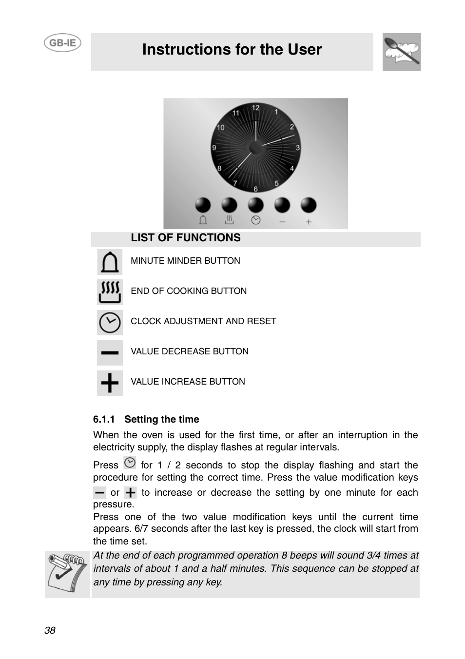 1 electronic analogue clock (on some models only), 1 setting the time, Instructions for the user | Smeg F166-5 User Manual | Page 8 / 28