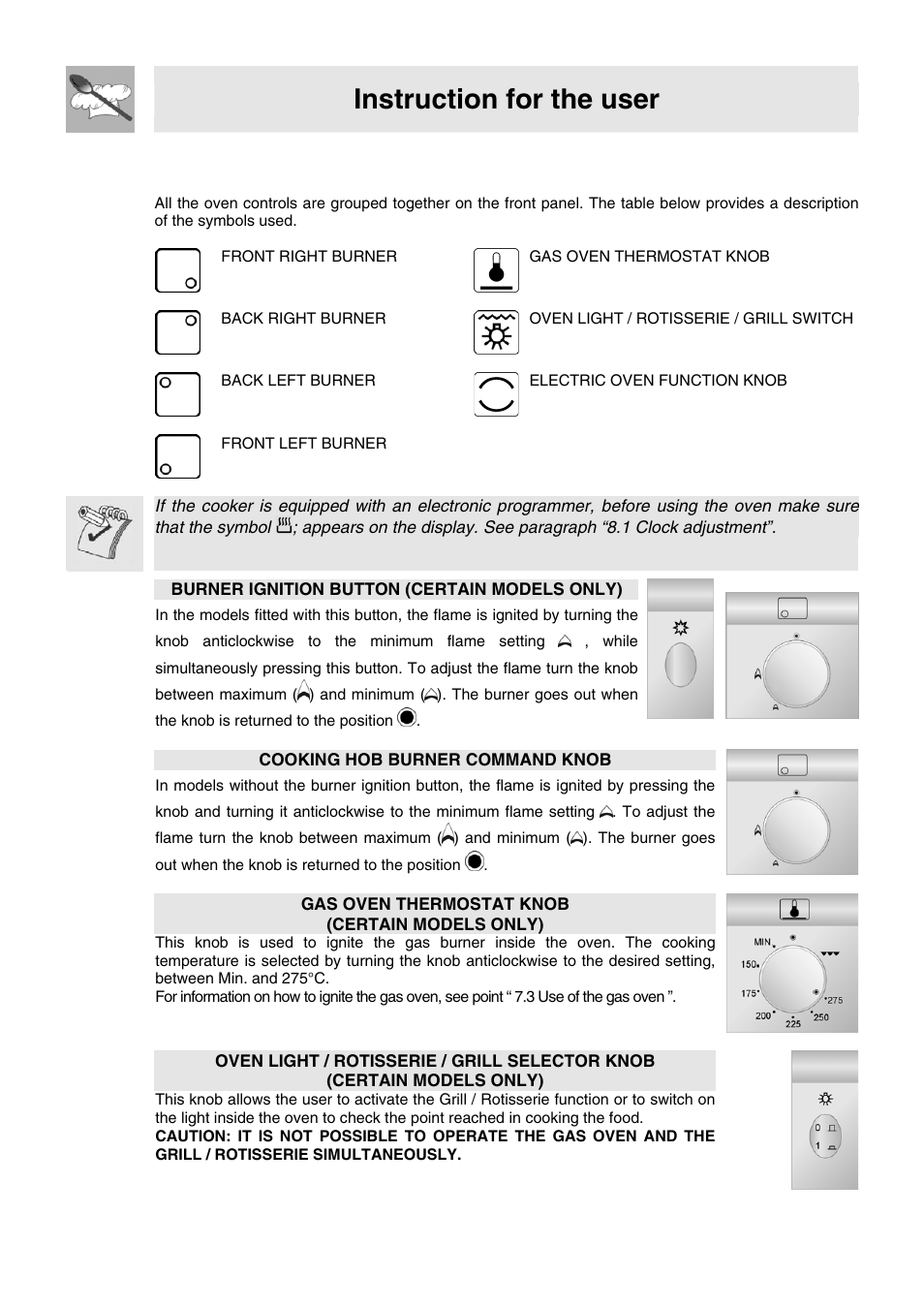 5 description of front panel controls, Instruction for the user | Smeg WIL61BVM User Manual | Page 11 / 24