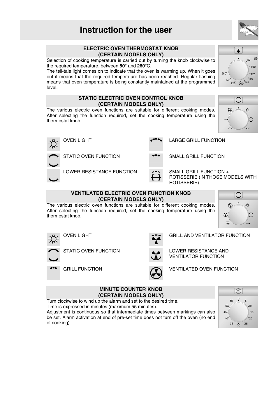 Instruction for the user, Minute counter knob (certain models only) | Smeg WIL61BVM User Manual | Page 12 / 24