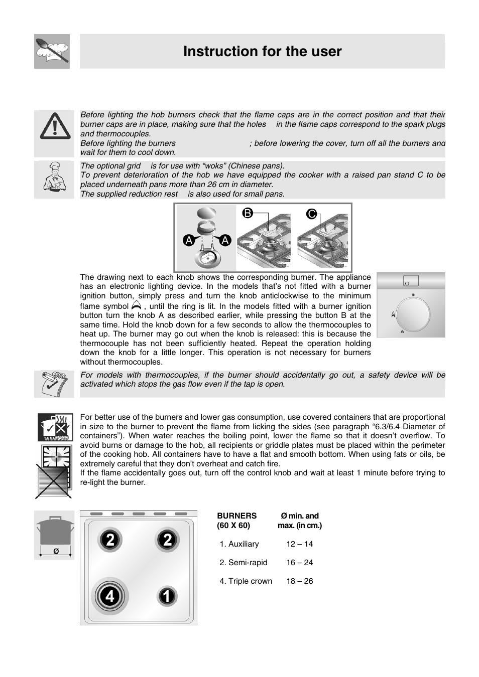 6 use of the cooking hob, 1 lighting of the cooking hob burners, 3 diameter of containers (60 cm. models) | Instruction for the user | Smeg WIL61BVM User Manual | Page 13 / 24