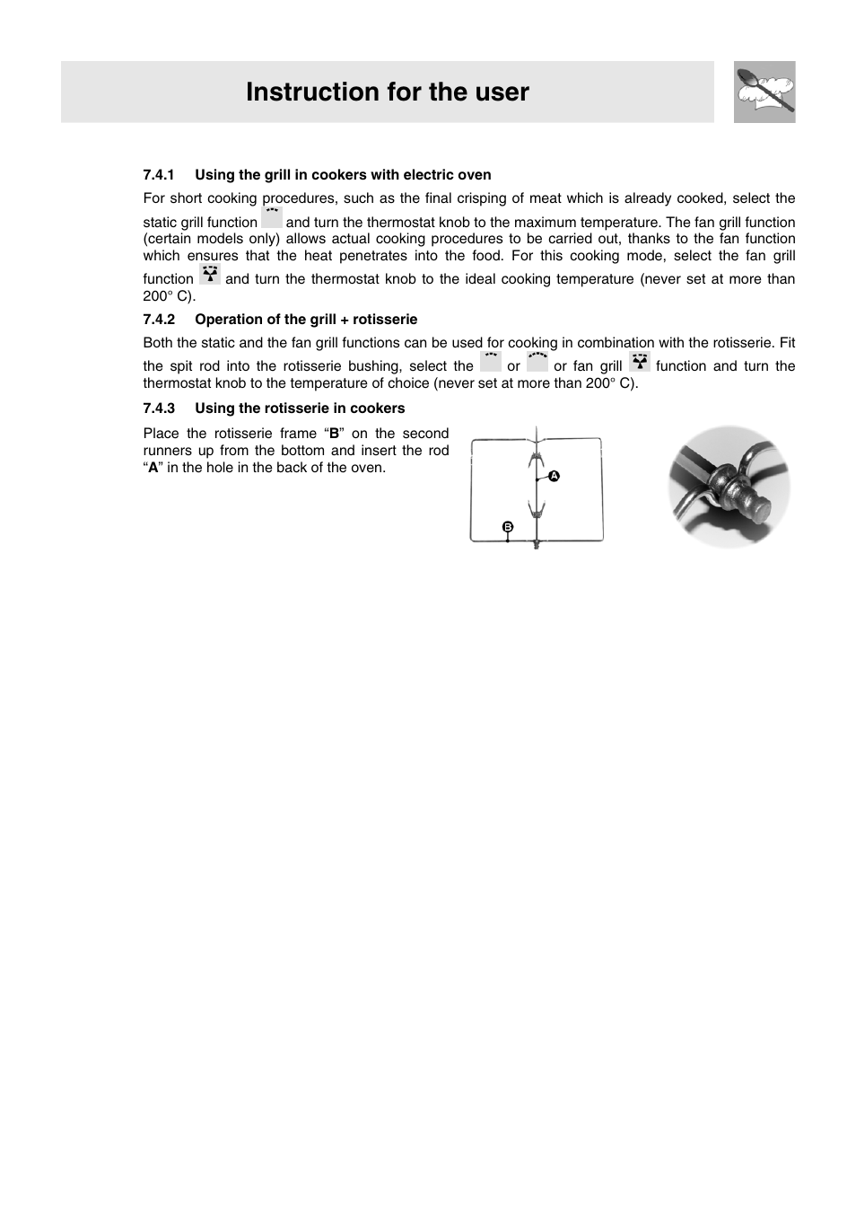 4 use of the electric grill, 1 using the grill in cookers with electric oven, 2 operation of the grill + rotisserie | 3 using the rotisserie in cookers, Instruction for the user | Smeg WIL61BVM User Manual | Page 16 / 24