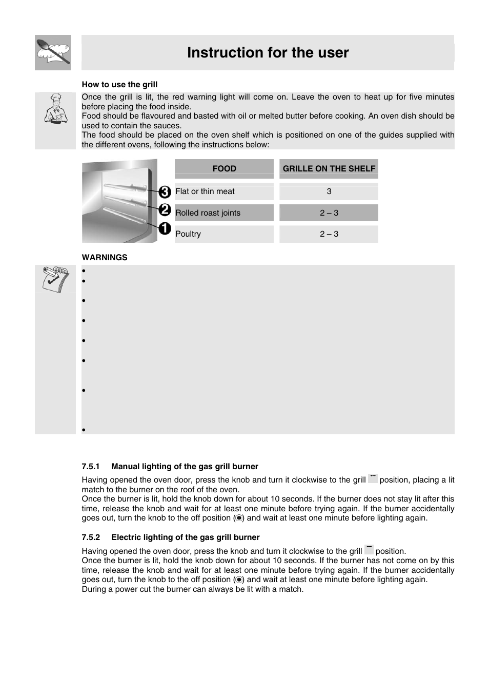 5 use of the gas grill, 1 manual lighting of the gas grill burner, 2 electric lighting of the gas grill burner | Instruction for the user | Smeg WIL61BVM User Manual | Page 17 / 24