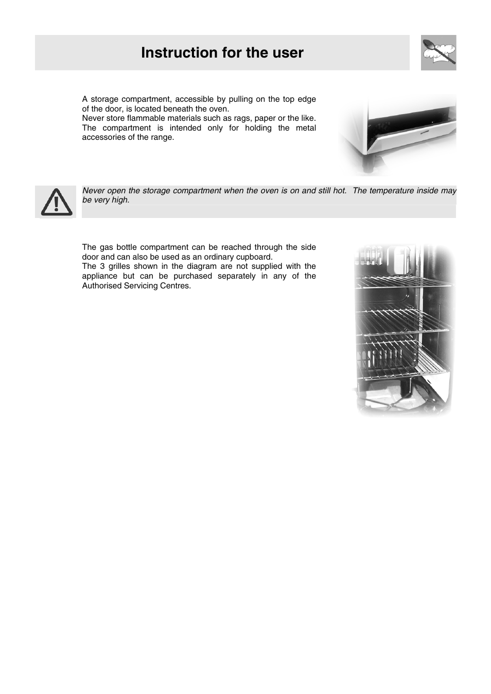 6 storage compartment, 7 gas bottle compartment (certain models only), Instruction for the user | Smeg WIL61BVM User Manual | Page 18 / 24
