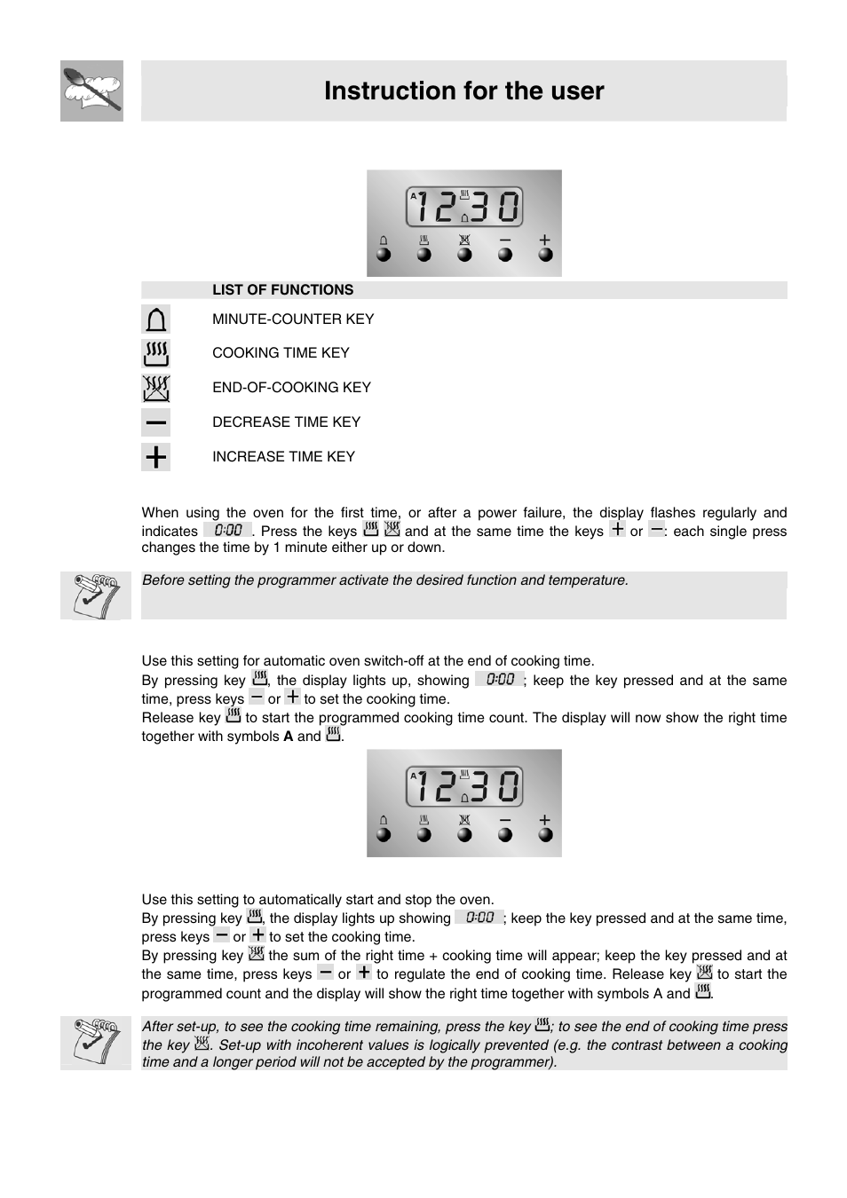 8 electronic programmer (only on equipped models), 1 clock adjustment, 2 semiautomatic cooking | 3 automatic cooking, Instruction for the user | Smeg WIL61BVM User Manual | Page 19 / 24