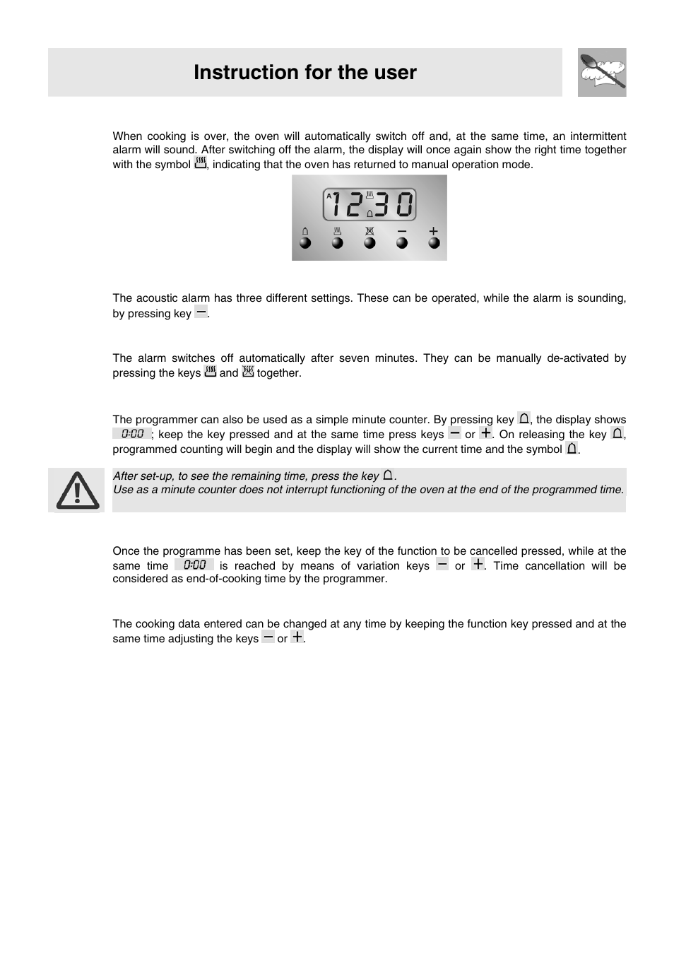 4 end of cooking, 5 adjusting alarm volume, 6 switching off the alarm | 7 minute counter, 8 cancellation of set data, 9 changing the set data, Instruction for the user | Smeg WIL61BVM User Manual | Page 20 / 24