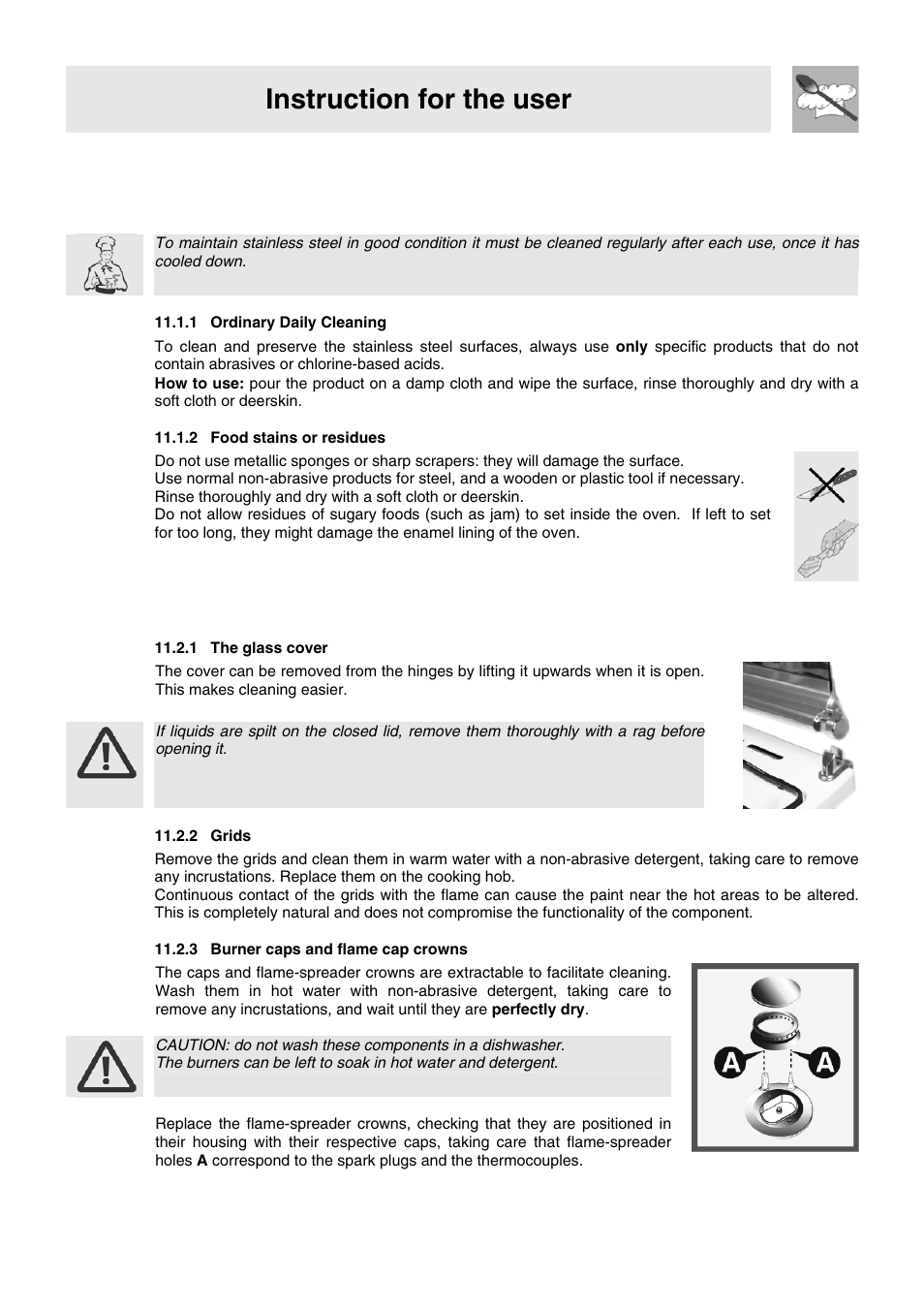 11 cleaning and maintenance, 1 cleaning stainless steel and enamelled versions, 1 ordinary daily cleaning | 2 food stains or residues, 2 cleaning of cooking hob components, 1 the glass cover, 2 grids, 3 burner caps and flame cap crowns, Cleaning and maintenance, Instruction for the user | Smeg WIL61BVM User Manual | Page 22 / 24