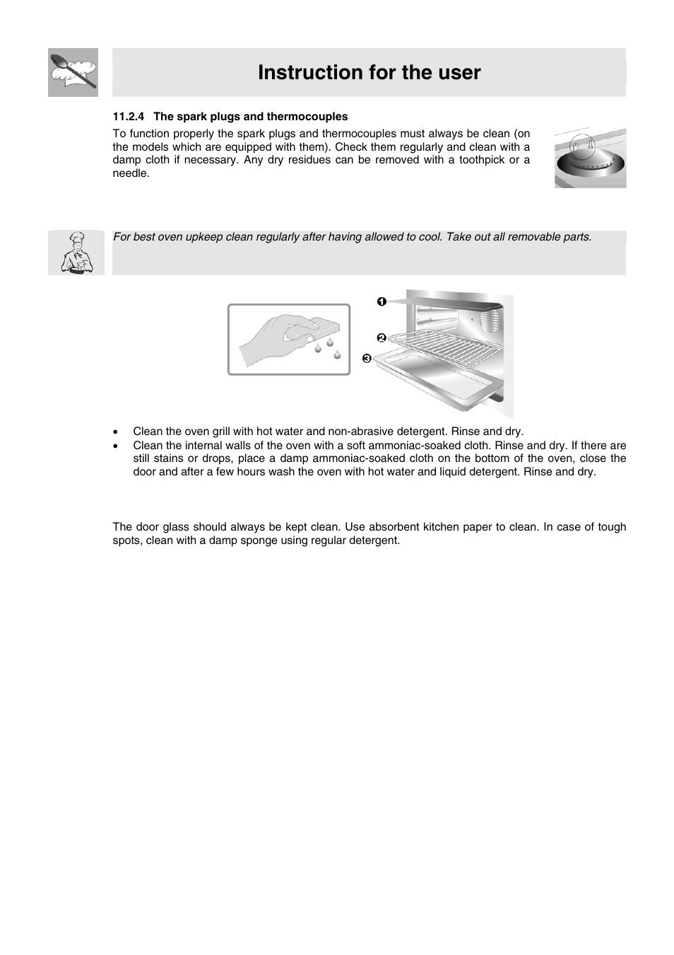 4 the spark plugs and thermocouples, 3 cleaning of oven, 4 door glass | Instruction for the user | Smeg WIL61BVM User Manual | Page 23 / 24
