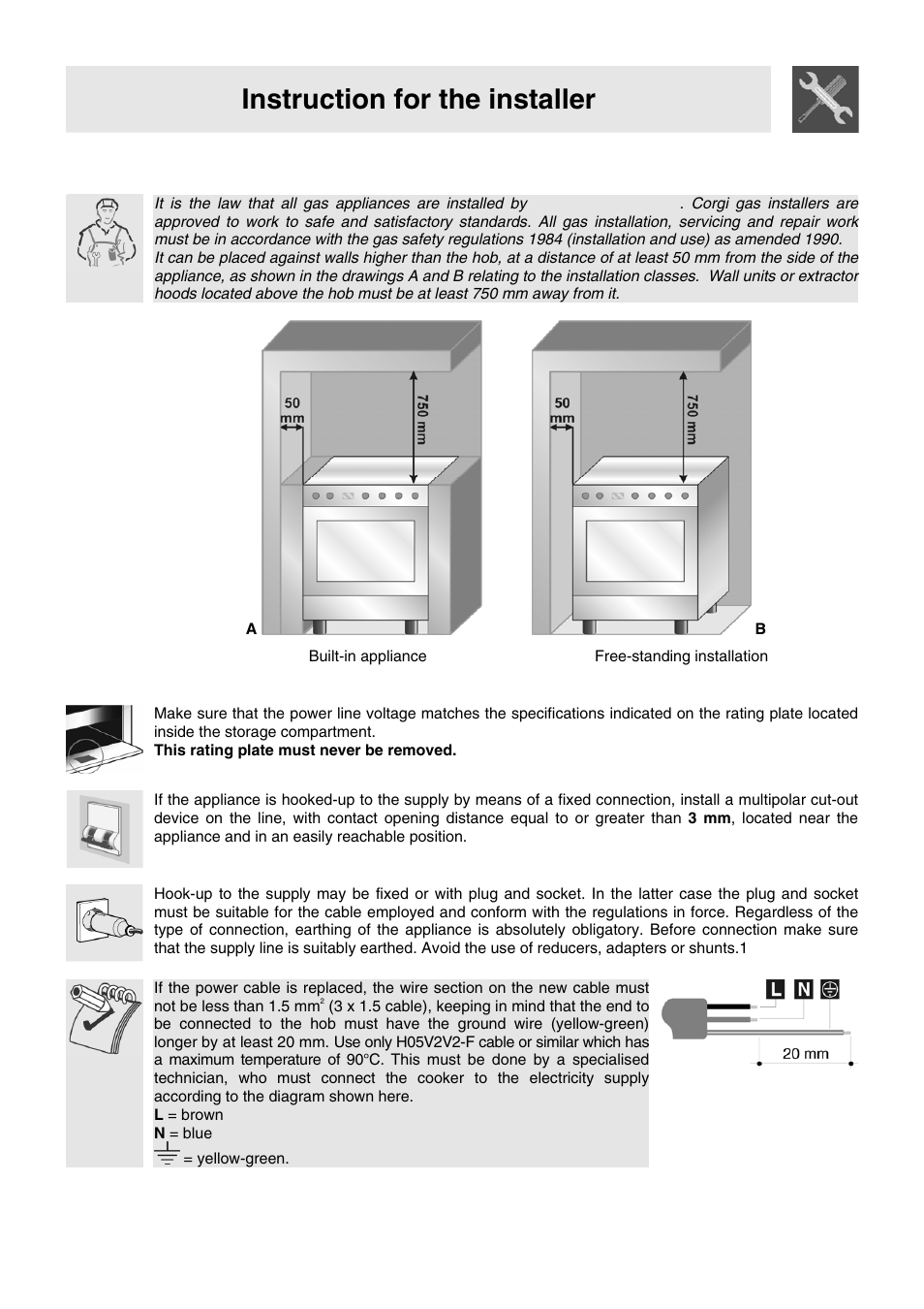2 installation of the appliance, 1 electrical connection, Instruction for the installer | Smeg WIL61BVM User Manual | Page 4 / 24