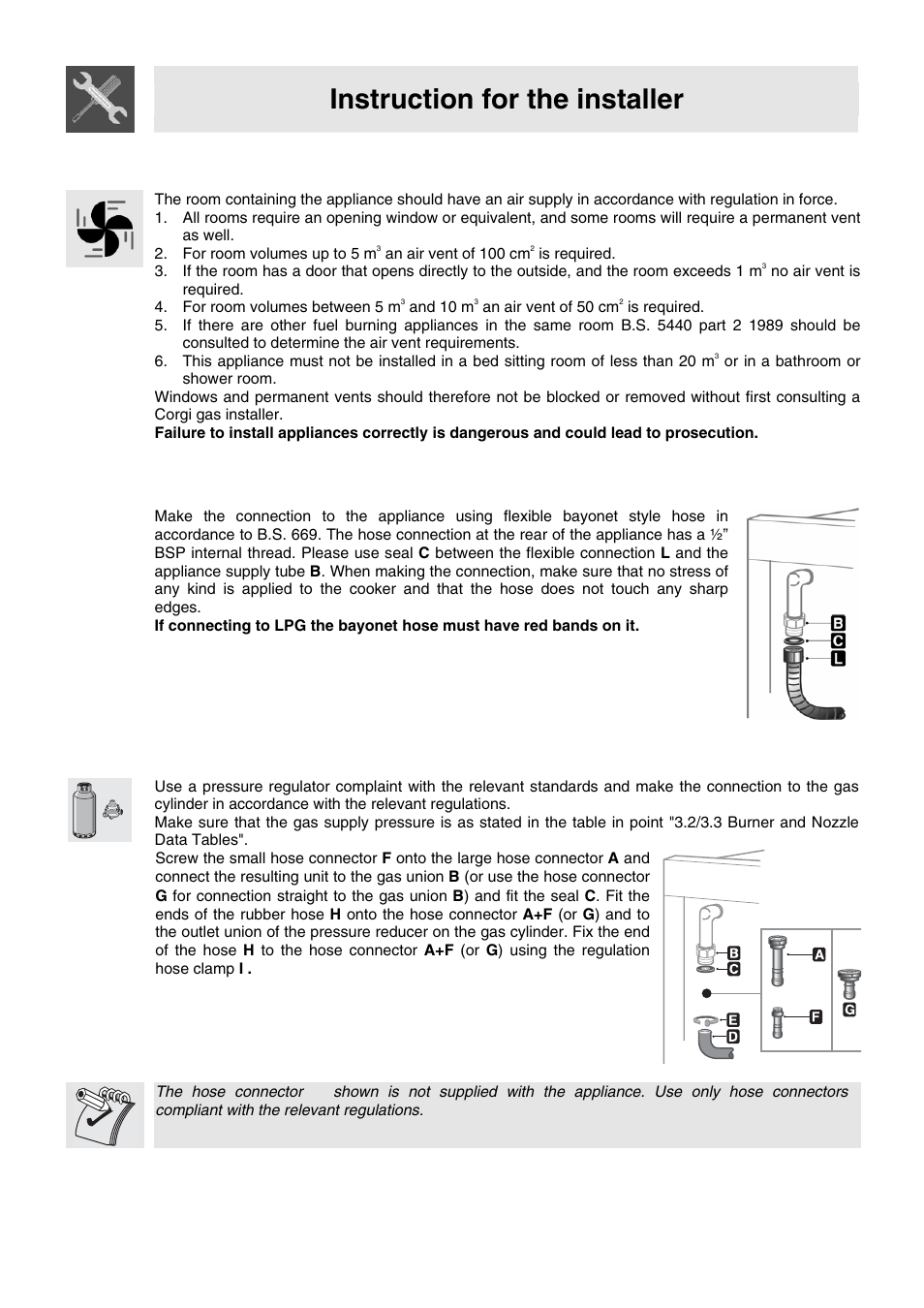 2 ventilation requirements, 3 connecting to natural and lpg gas, Please see connection diagram) | 4 bottled gas connection (only on some models), Instruction for the installer | Smeg WIL61BVM User Manual | Page 5 / 24