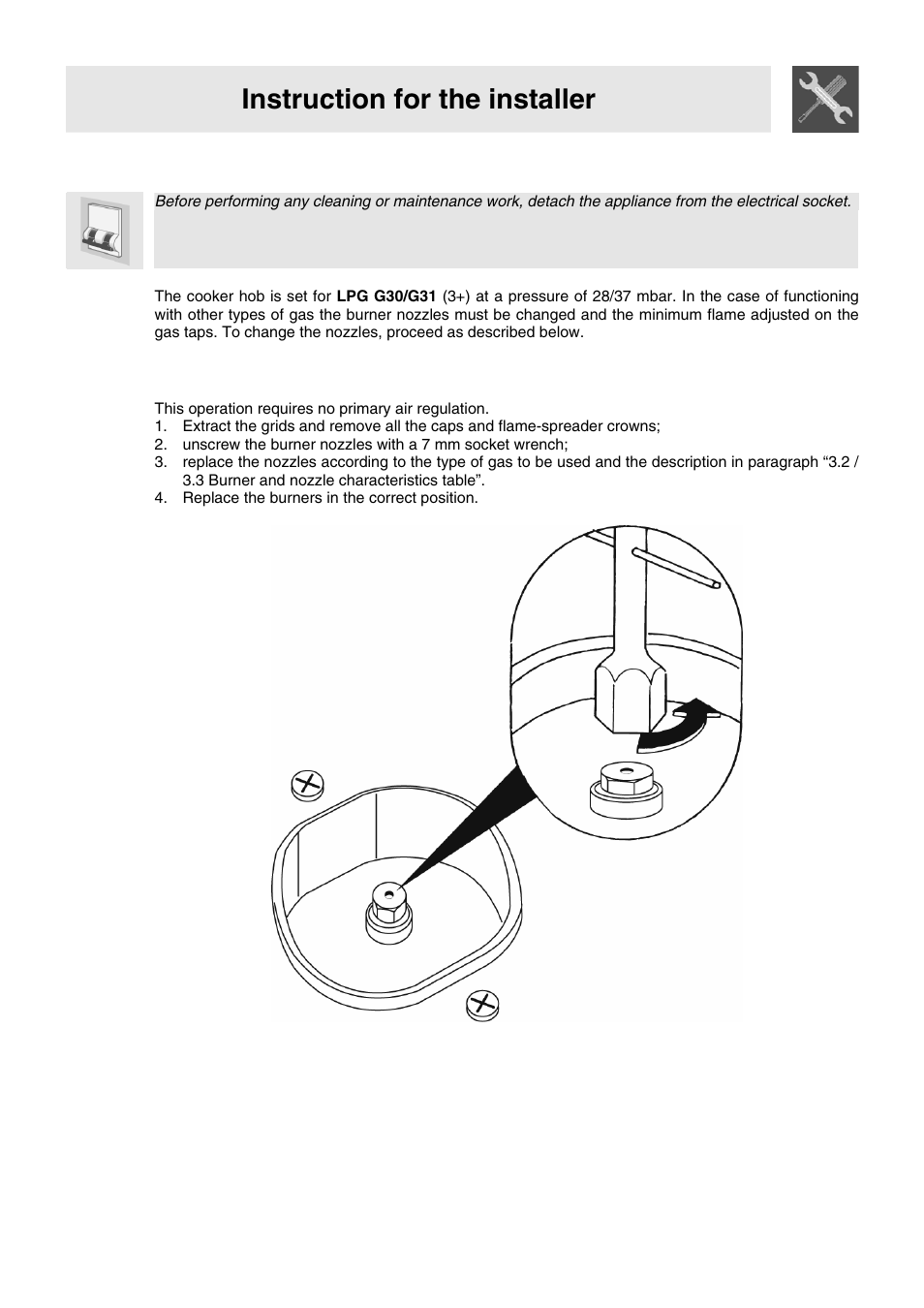 3 adaptation to different types of gas, 1 replacement of nozzles on the hob, Instruction for the installer | Smeg WIL61BVM User Manual | Page 6 / 24