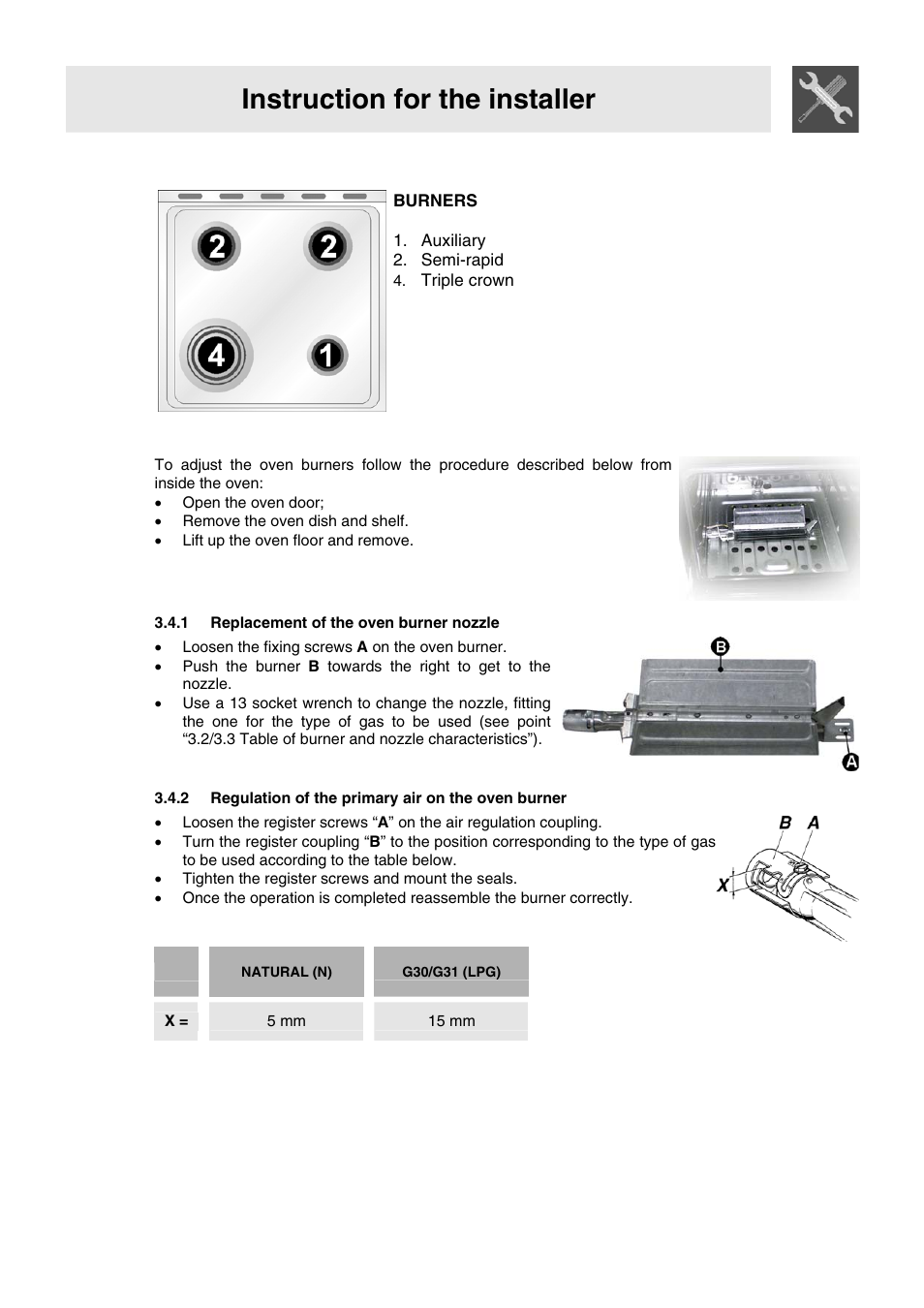 3 arrangement of burners on cooking hob, 1 replacement of the oven burner nozzle, 2 regulation of the primary air on the oven burner | Instruction for the installer, Burners 1. auxiliary 2. semi-rapid, Triple crown, X = 5 mm 15 mm | Smeg WIL61BVM User Manual | Page 8 / 24