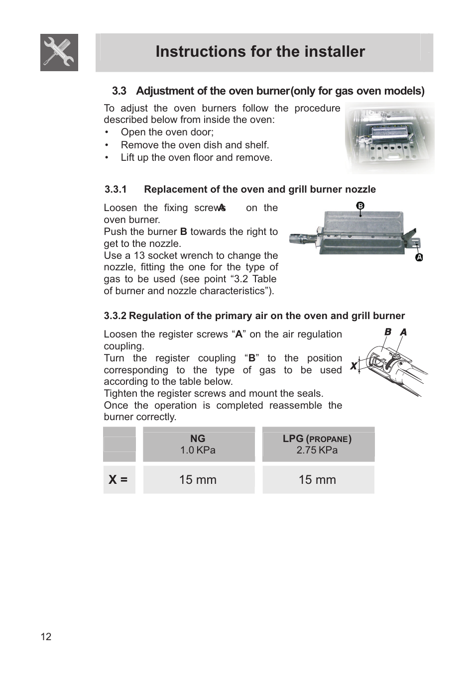 Instructions for the installer, X = 15 mm 15 mm | Smeg FS60XNG User Manual | Page 10 / 36