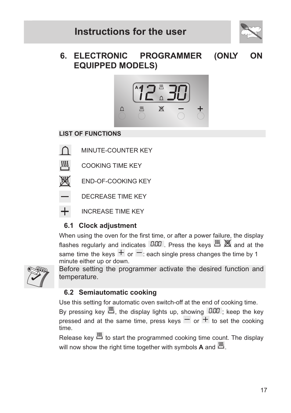 Instructions for the user, Electronic programmer (only on equipped models) | Smeg FS60XNG User Manual | Page 15 / 36