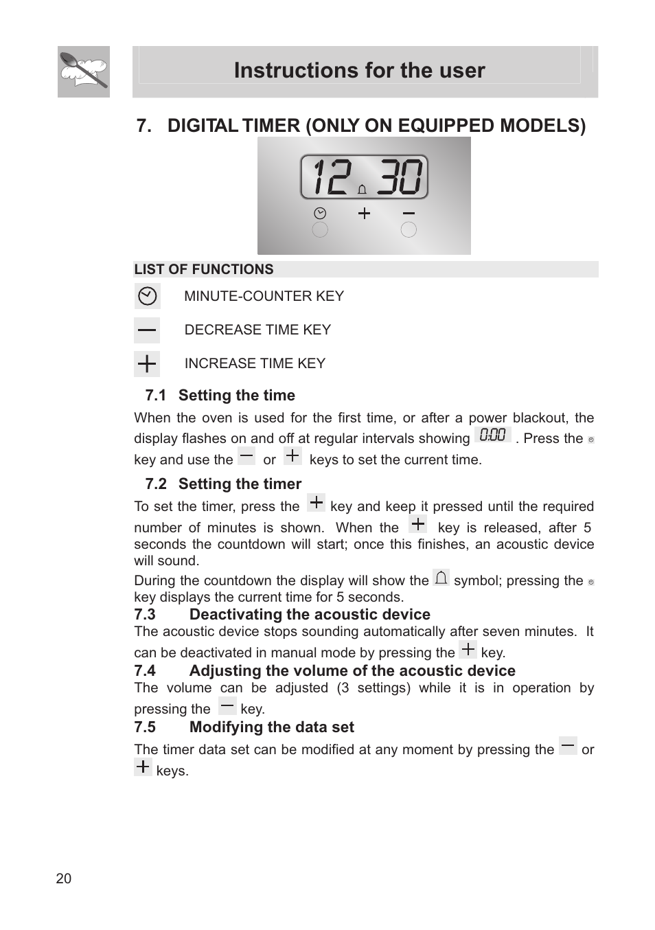 Instructions for the user, Digital timer (only on equipped models) | Smeg FS60XNG User Manual | Page 18 / 36