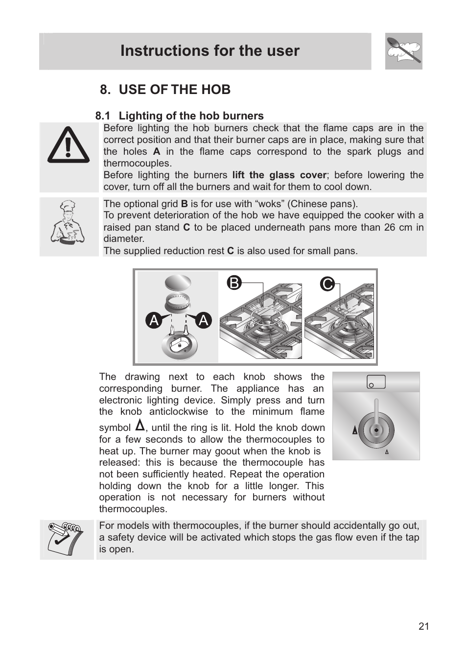 Instructions for the user, Use of the hob, 1 lighting of the hob burners | Smeg FS60XNG User Manual | Page 19 / 36