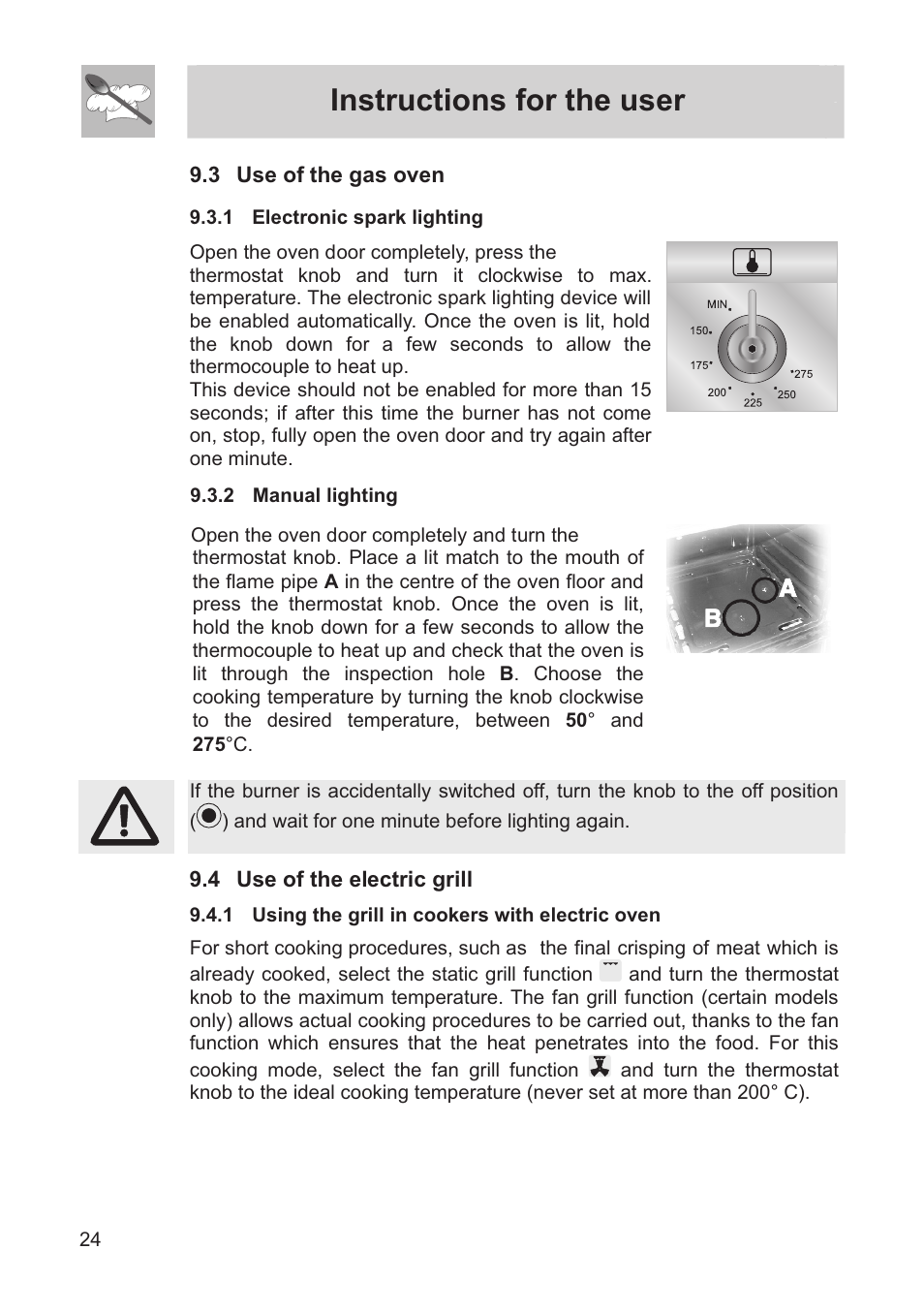 Instructions for the user, 3 use of the gas oven, 4 use of the electric grill | Smeg FS60XNG User Manual | Page 22 / 36