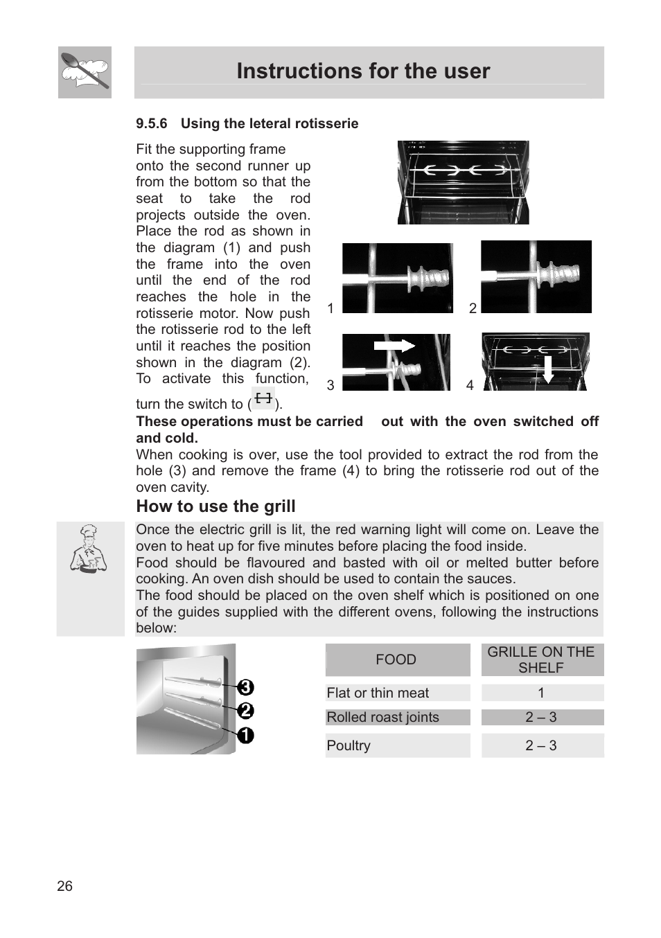 Instructions for the user, How to use the grill | Smeg FS60XNG User Manual | Page 24 / 36