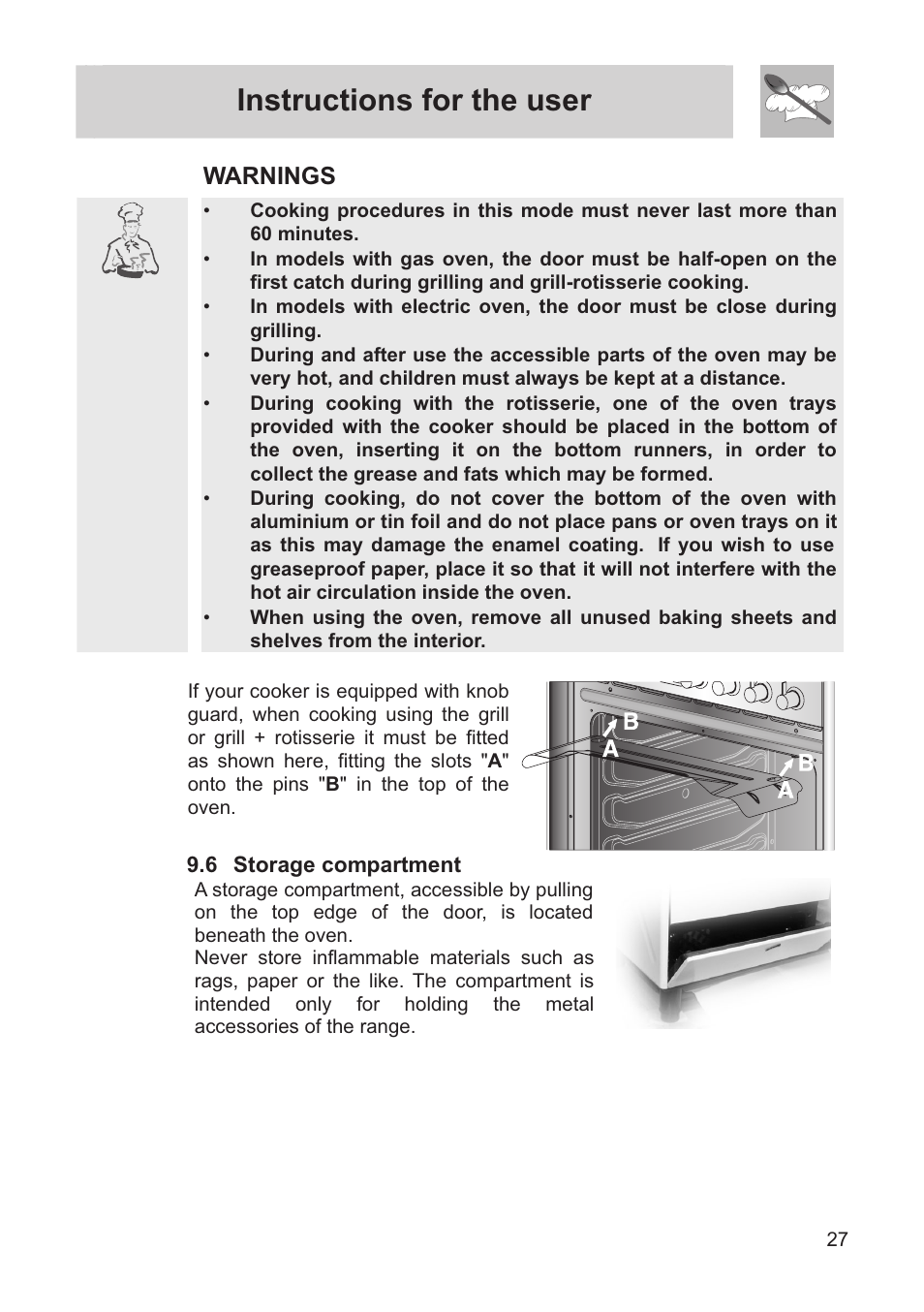 Instructions for the user, Warnings | Smeg FS60XNG User Manual | Page 25 / 36