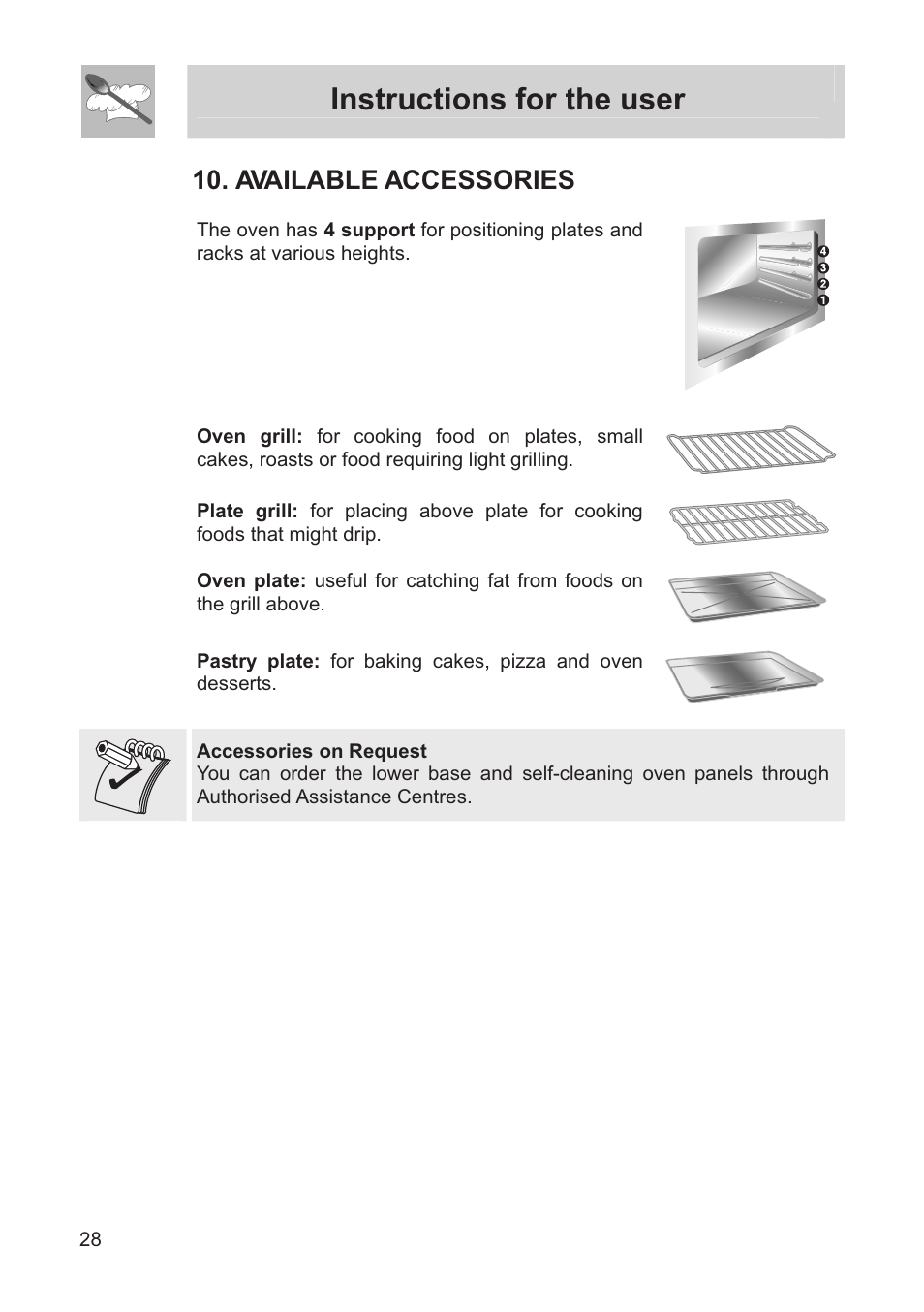 Instructions for the user, Available accessories | Smeg FS60XNG User Manual | Page 26 / 36