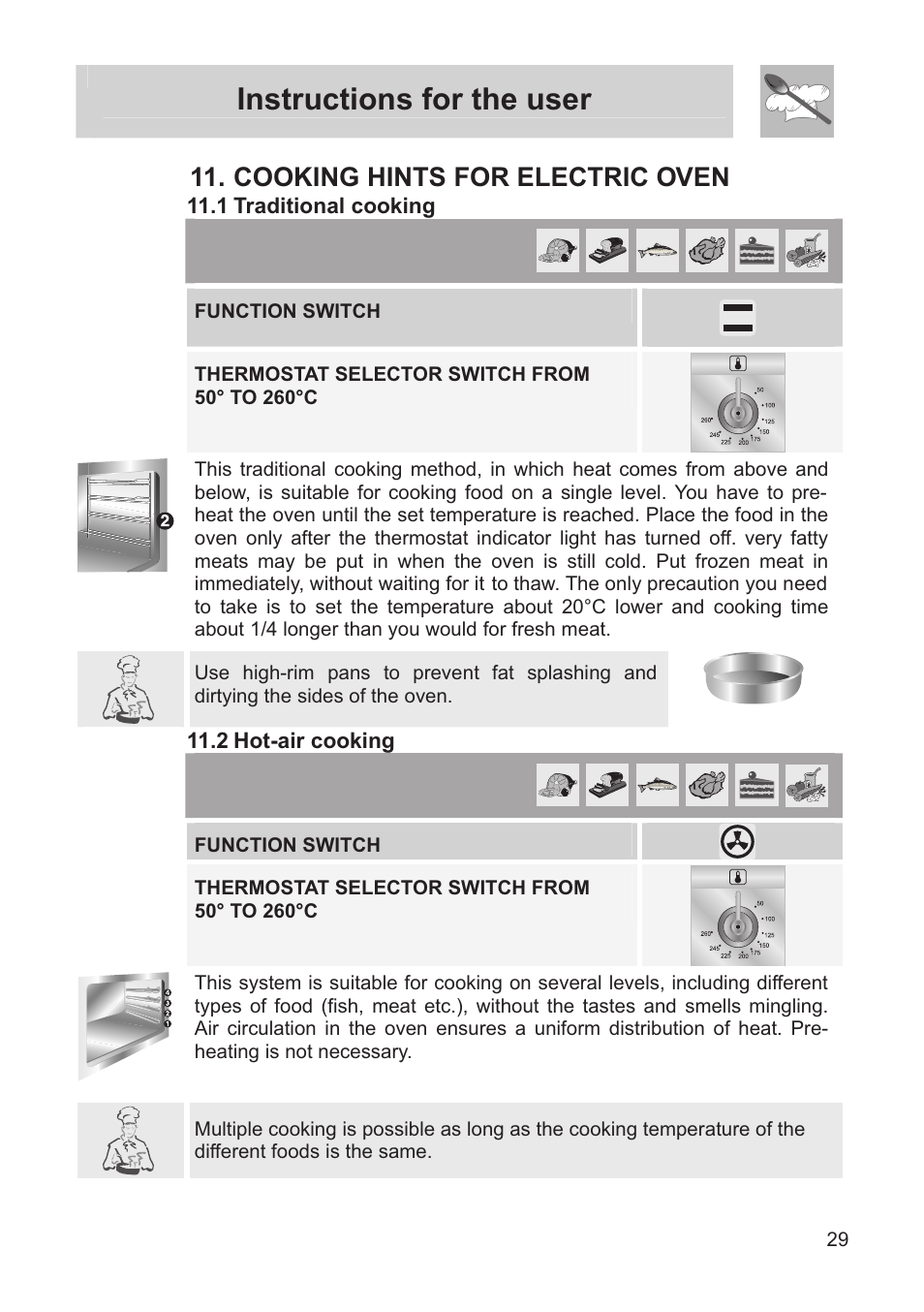 Instructions for the user, Cooking hints for electric oven, 1 traditional cooking | 2 hot-air cooking | Smeg FS60XNG User Manual | Page 27 / 36