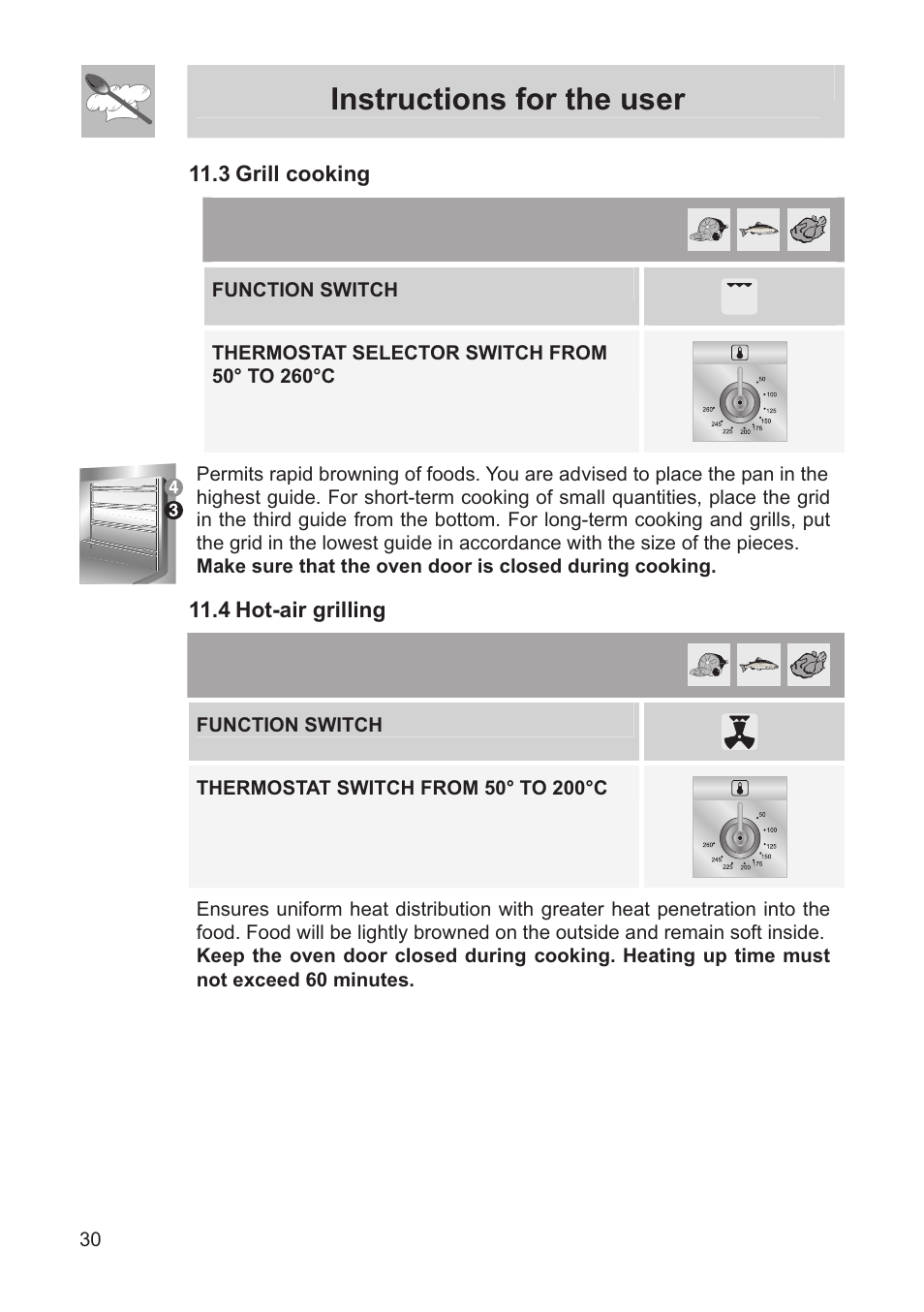 Instructions for the user, 3 grill cooking, 4 hot-air grilling | Function switch | Smeg FS60XNG User Manual | Page 28 / 36