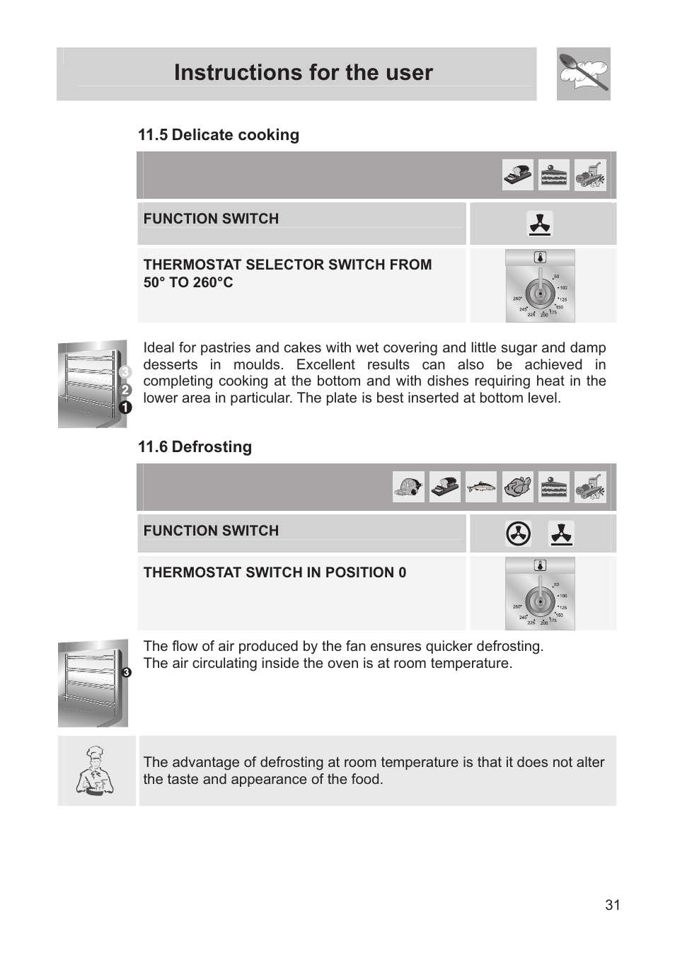 Instructions for the user, 5 delicate cooking, 6 defrosting | Function switch, Thermostat switch in position 0 | Smeg FS60XNG User Manual | Page 29 / 36