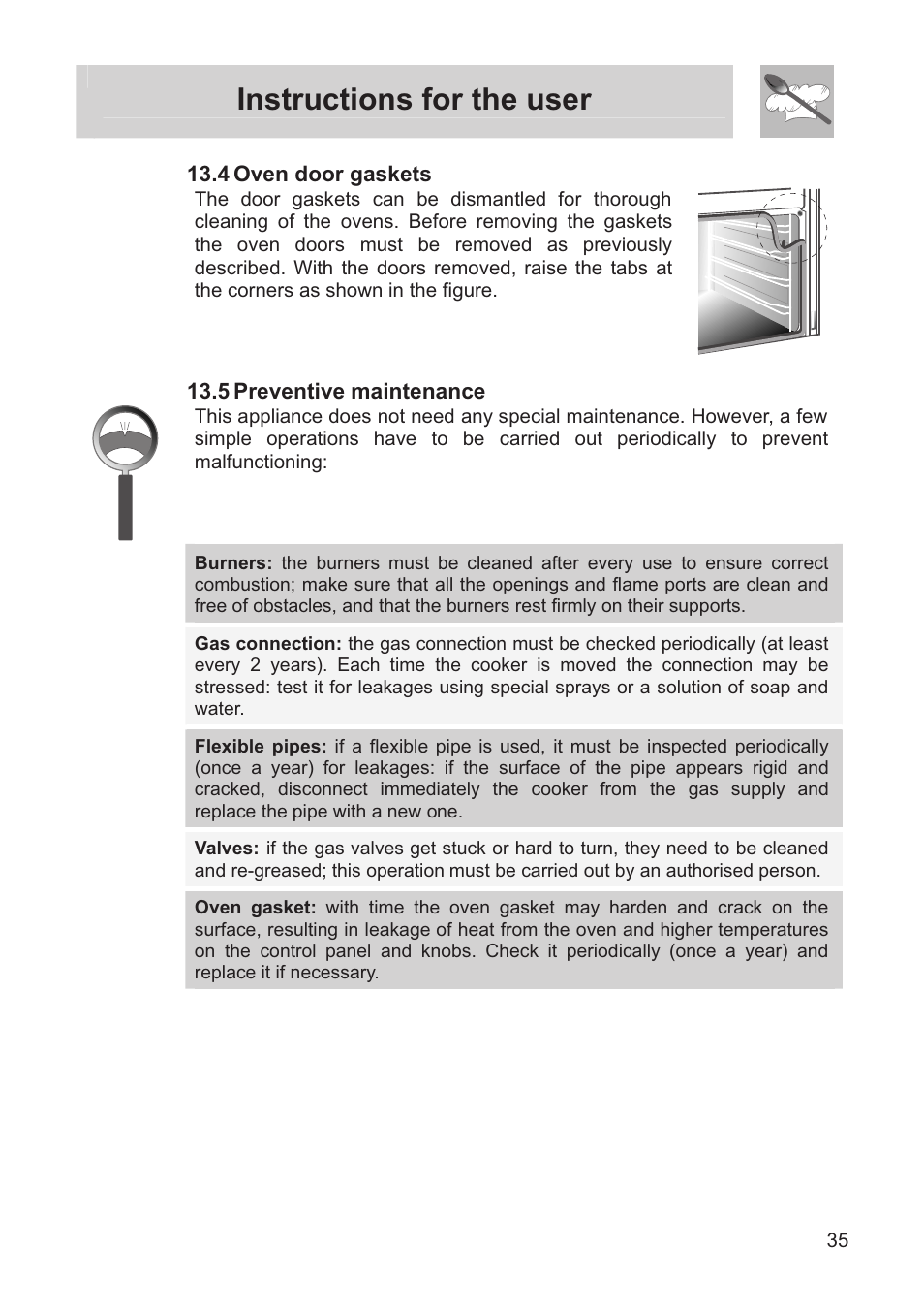 Instructions for the user, 4 oven door gaskets, 5 preventive maintenance | Smeg FS60XNG User Manual | Page 33 / 36