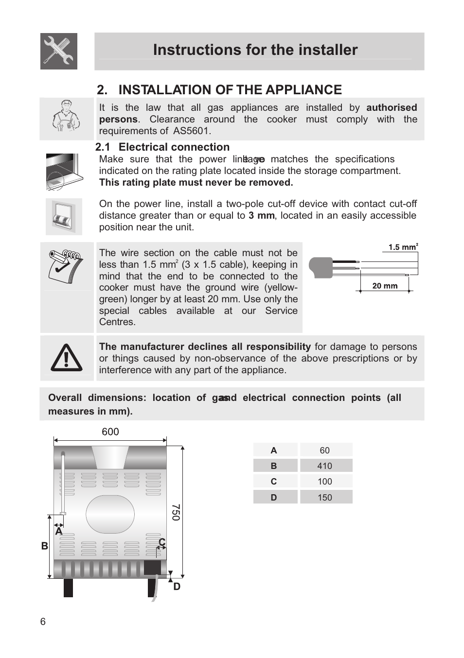 Instructions for the installer, Installation of the appliance, 1 electrical connection | Smeg FS60XNG User Manual | Page 4 / 36