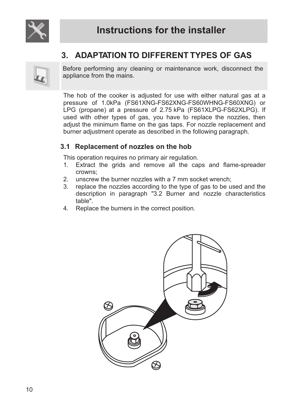 Instructions for the installer, Adaptation to different types of gas, 1 replacement of nozzles on the hob | Smeg FS60XNG User Manual | Page 8 / 36
