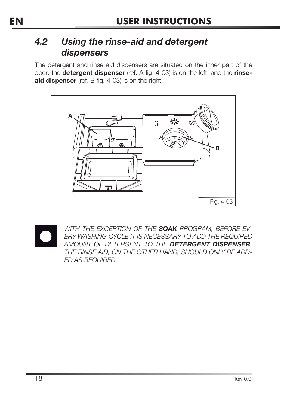 User instructions, 2 using the rinse-aid and detergent dispensers | Smeg PLA8743X User Manual | Page 40 / 102