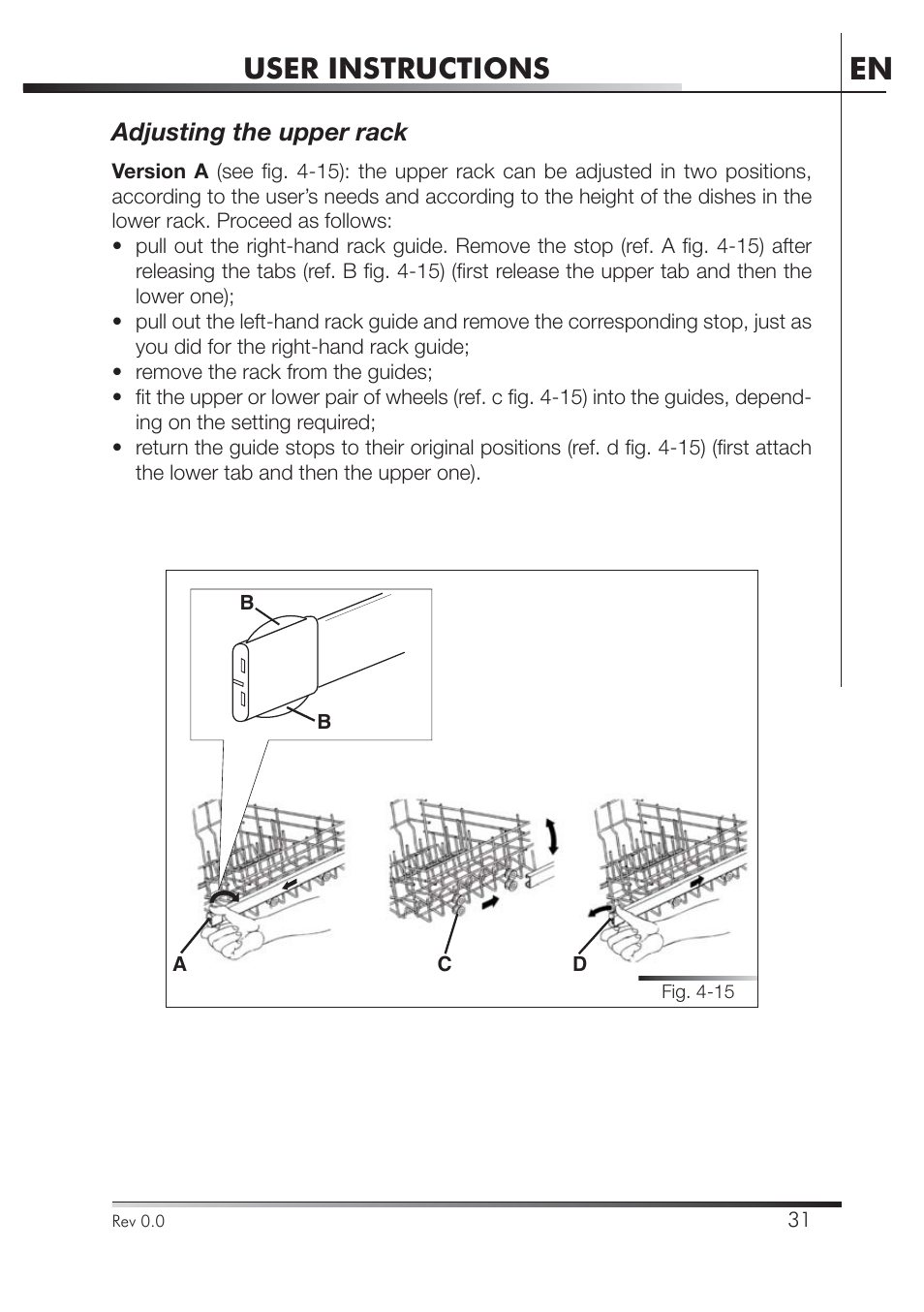 User instructions, Adjusting the upper rack | Smeg PLA8743X User Manual | Page 53 / 102