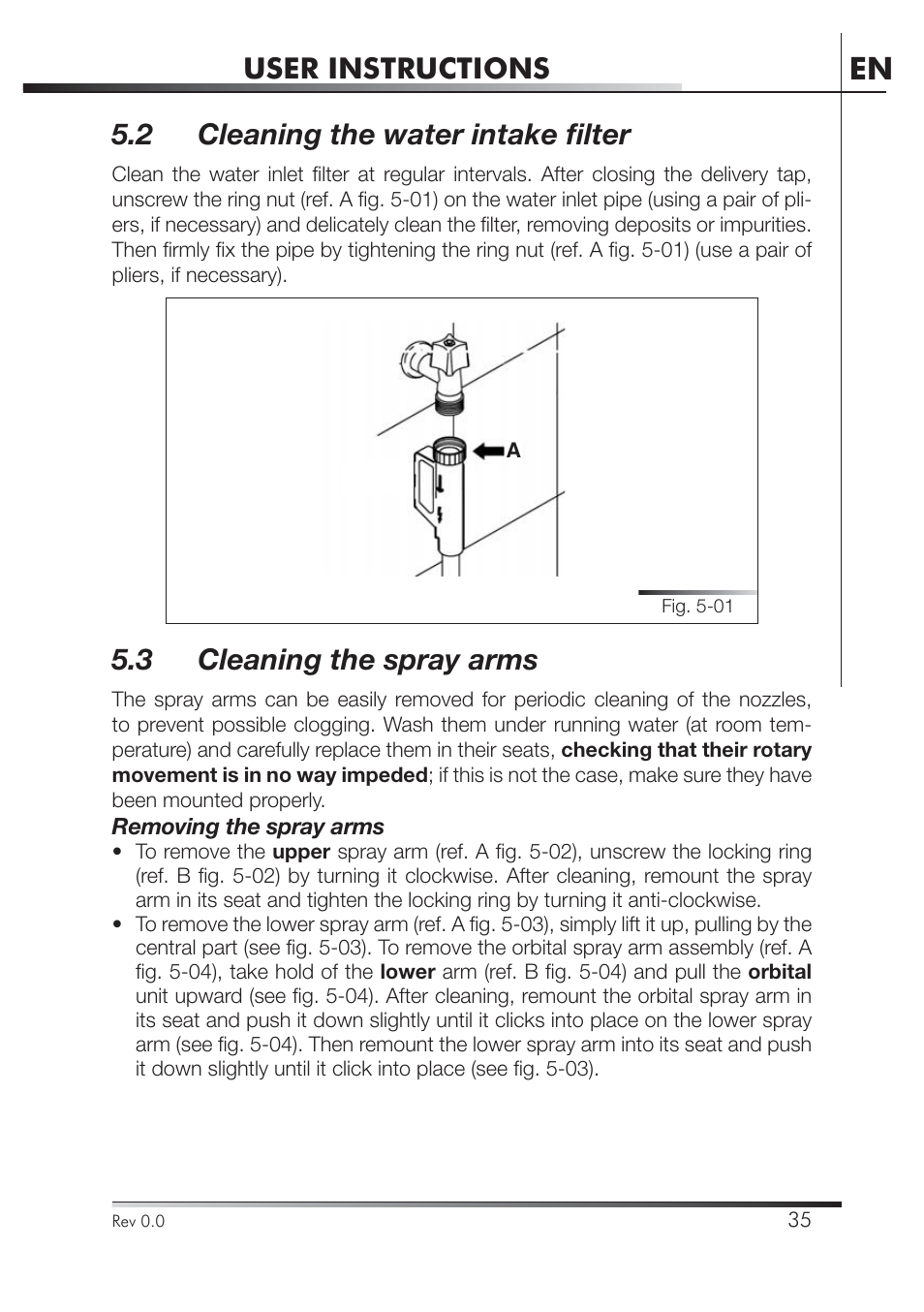 User instructions, 2 cleaning the water intake fi lter, 3 cleaning the spray arms | Smeg PLA8743X User Manual | Page 57 / 102