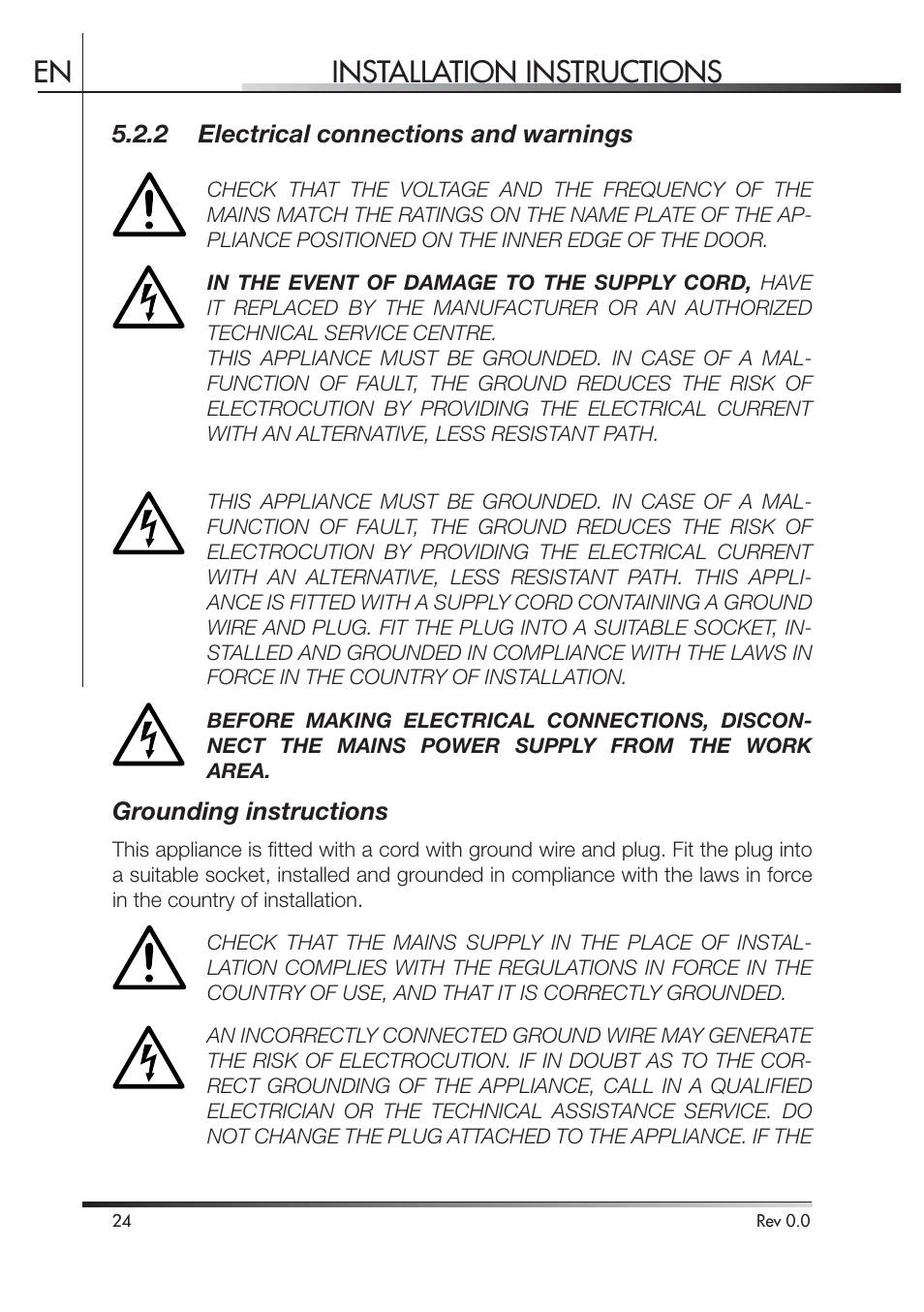 Installation instructions en, 5 .2.2 electrical connections and warnings, Grounding instructions | Smeg PLA8743X User Manual | Page 87 / 102