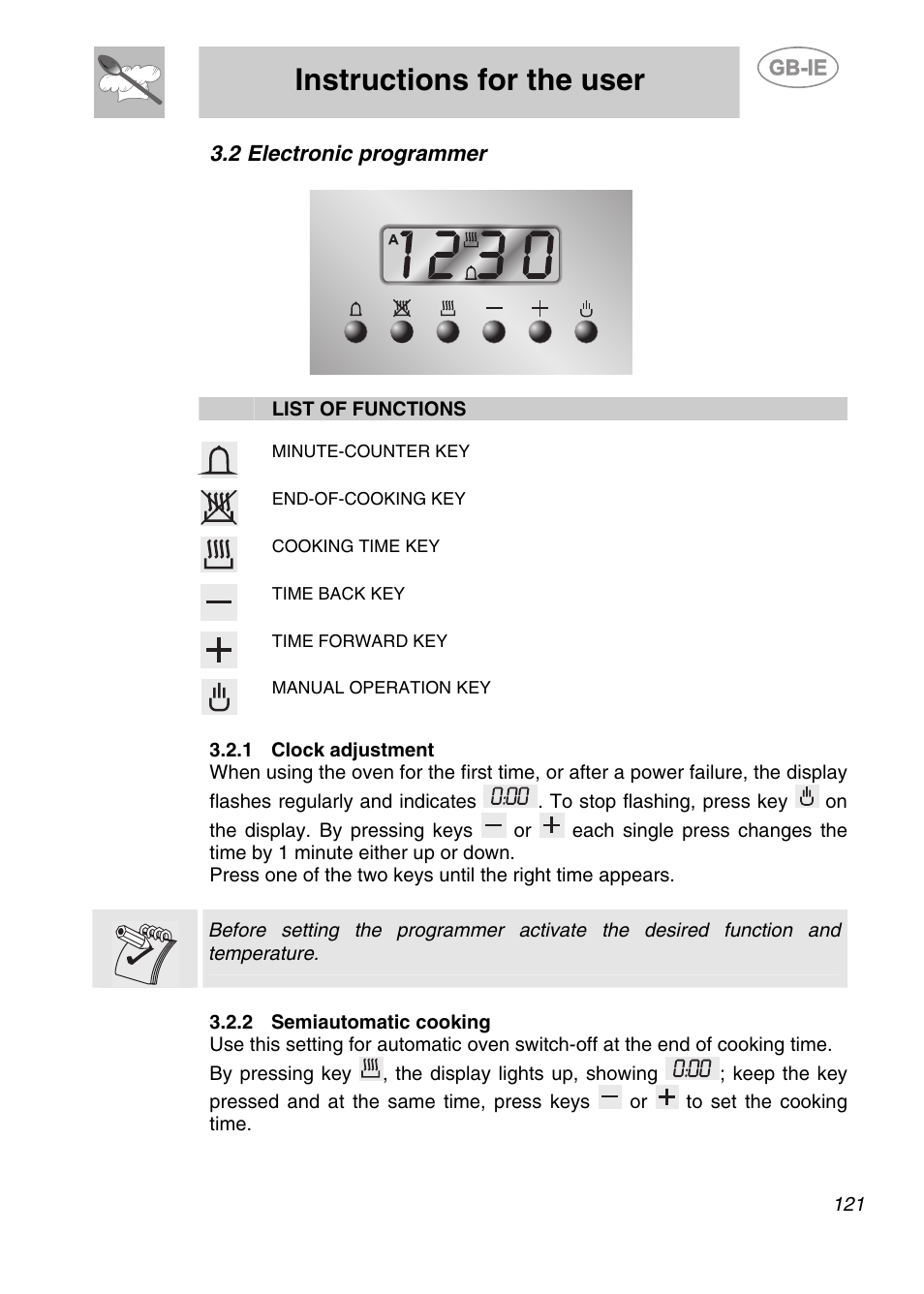 2 electronic programmer, 1 clock adjustment, 2 semiautomatic cooking | Instructions for the user | Smeg KE250X User Manual | Page 10 / 27