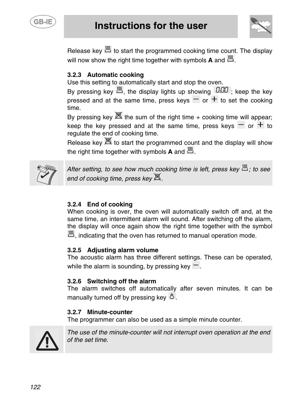 3 automatic cooking, 4 end of cooking, 5 adjusting alarm volume | 6 switching off the alarm, 7 minute-counter, Instructions for the user | Smeg KE250X User Manual | Page 11 / 27