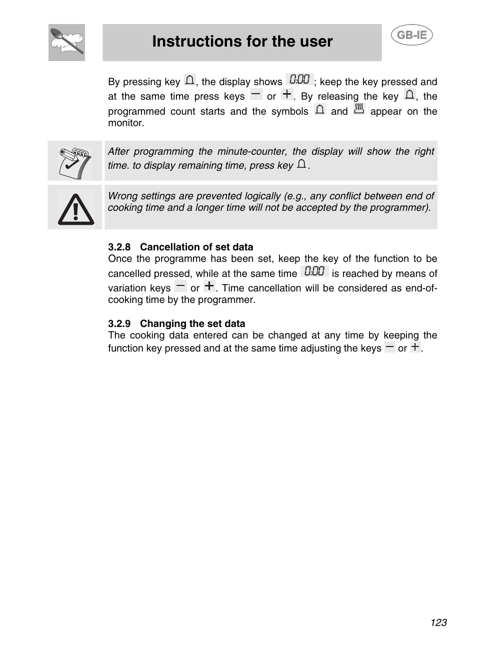 8 cancellation of set data, 9 changing the set data, Instructions for the user | Smeg KE250X User Manual | Page 12 / 27