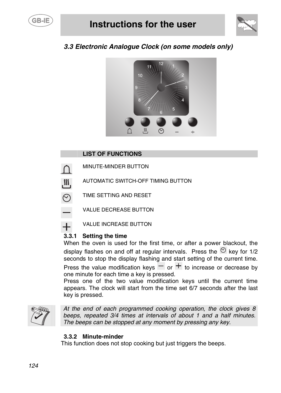 3 electronic analogue clock (on some models only), 1 setting the time, 2 minute-minder | Instructions for the user | Smeg KE250X User Manual | Page 13 / 27