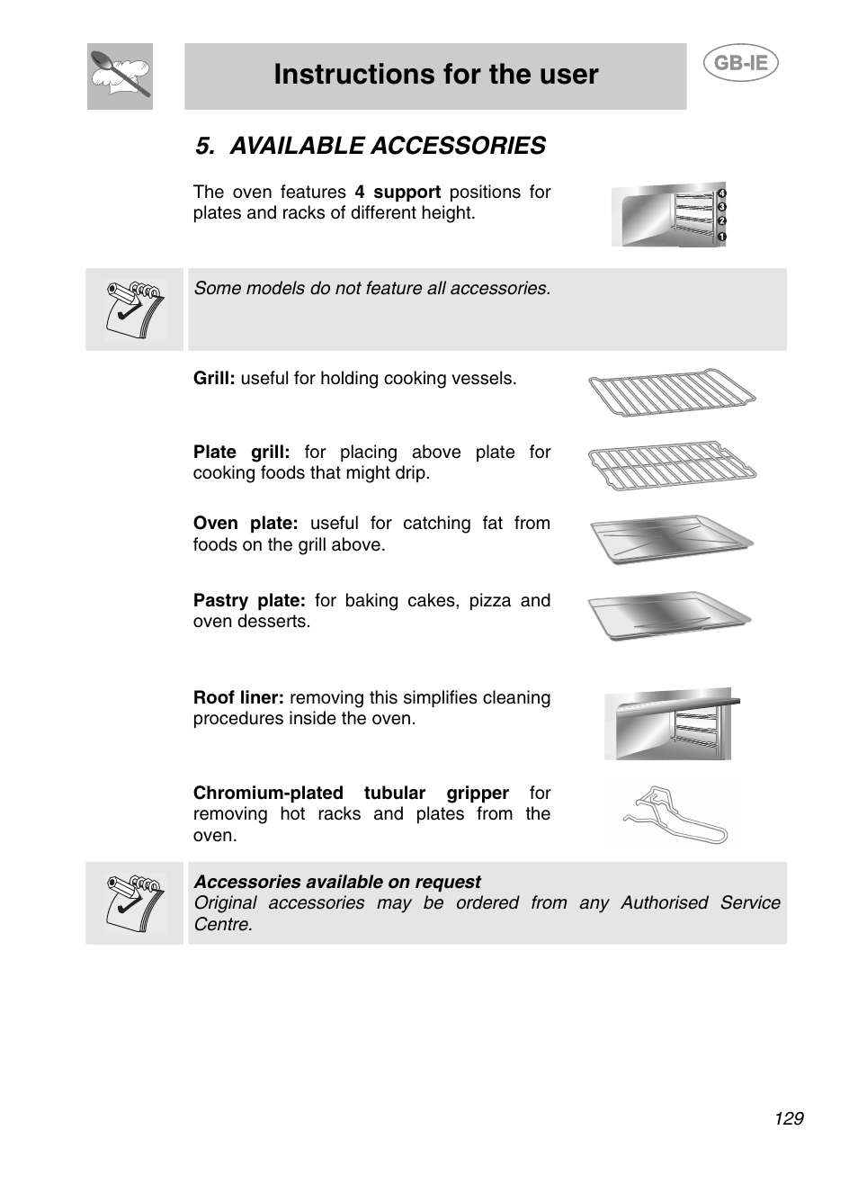 Available accessories, Instructions for the user | Smeg KE250X User Manual | Page 18 / 27