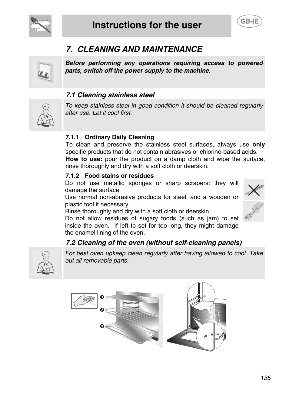 Cleaning and maintenance, 1 cleaning stainless steel, 1 ordinary daily cleaning | 2 food stains or residues, Instructions for the user | Smeg KE250X User Manual | Page 24 / 27