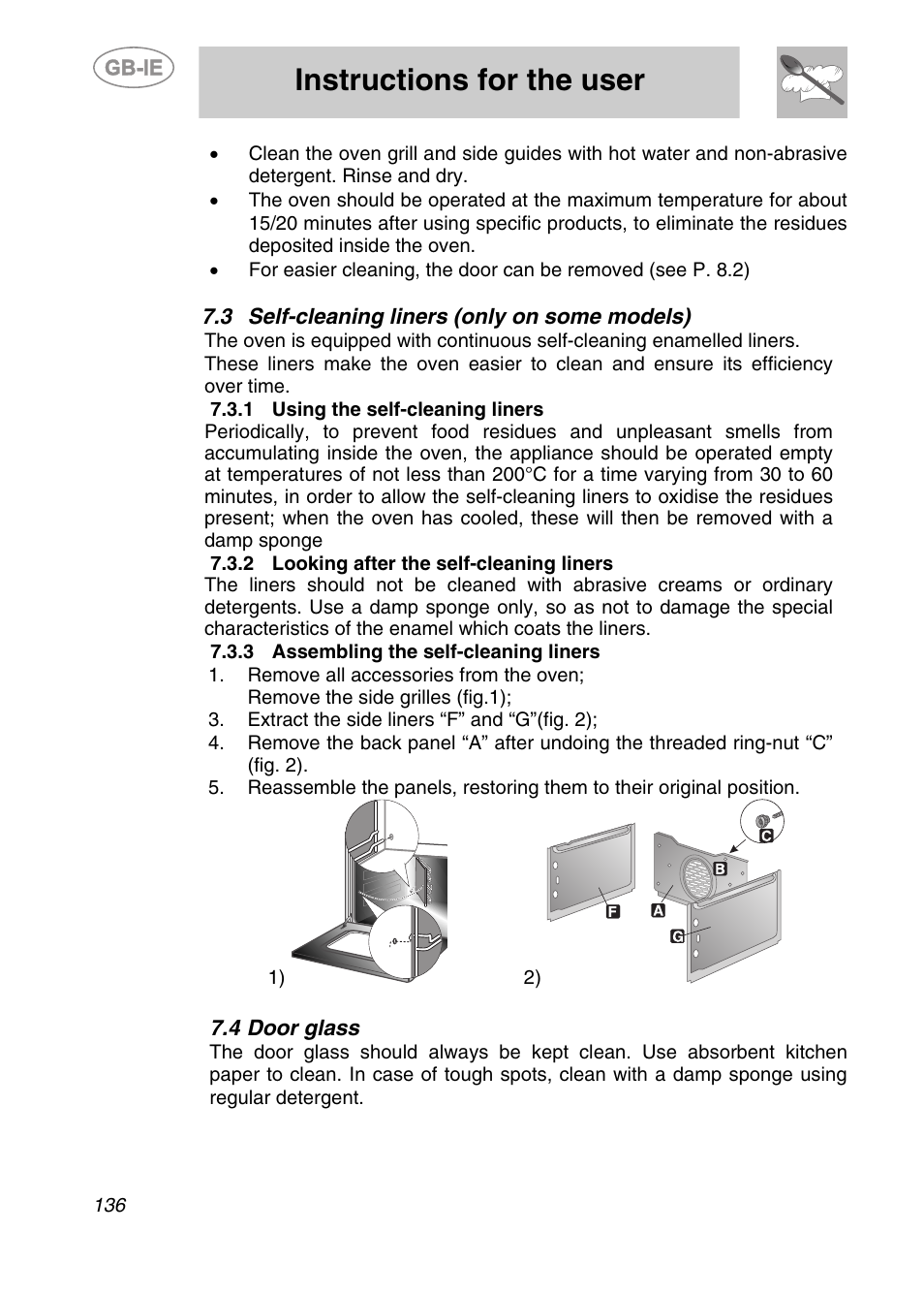 3 self-cleaning liners (only on some models), Using the self-cleaning liners, 2 looking after the self-cleaning liners | 3 assembling the self-cleaning liners, 4 door glass, Instructions for the user | Smeg KE250X User Manual | Page 25 / 27