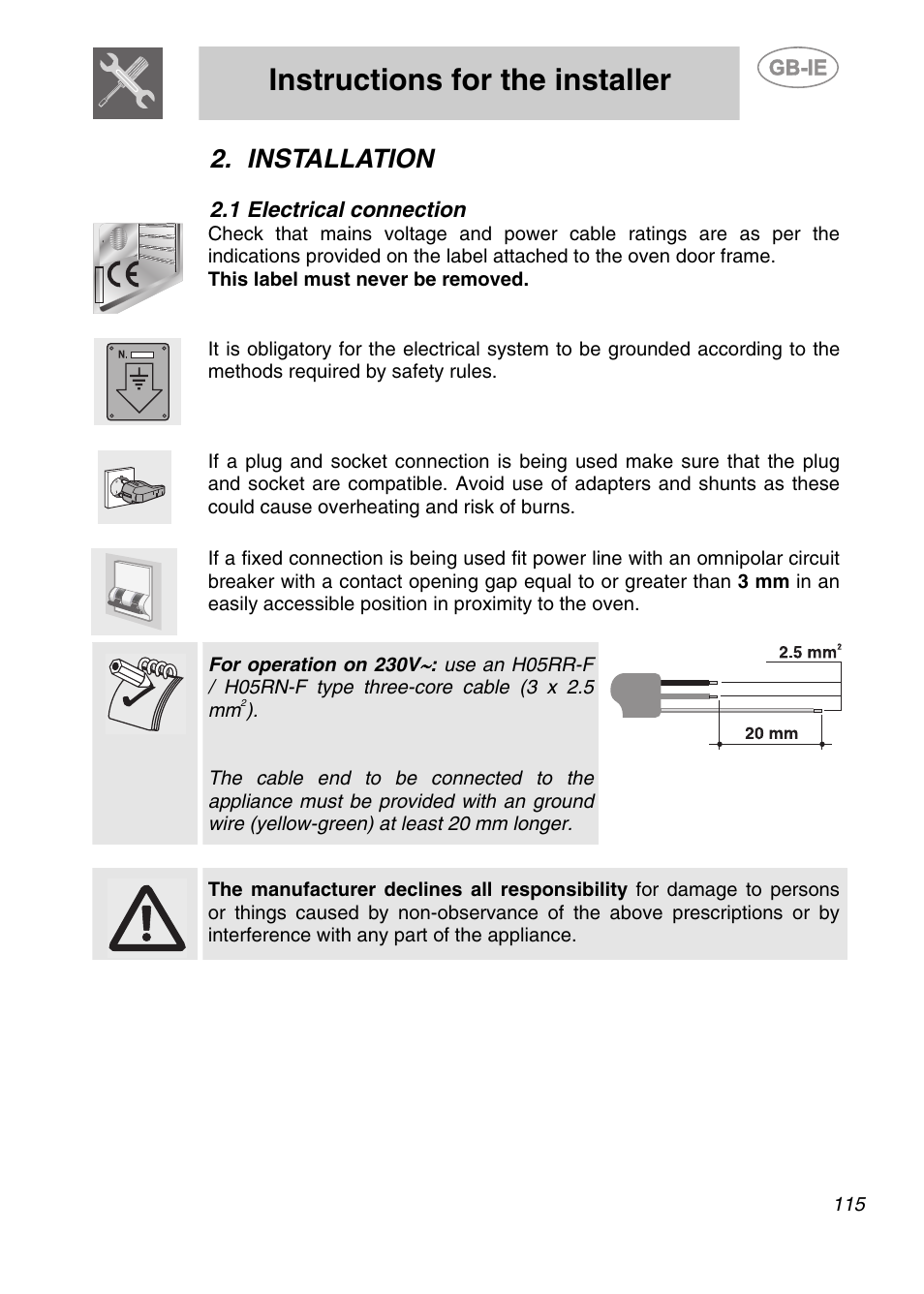 Installation, 1 electrical connection, Instructions for the installer | Smeg KE250X User Manual | Page 4 / 27