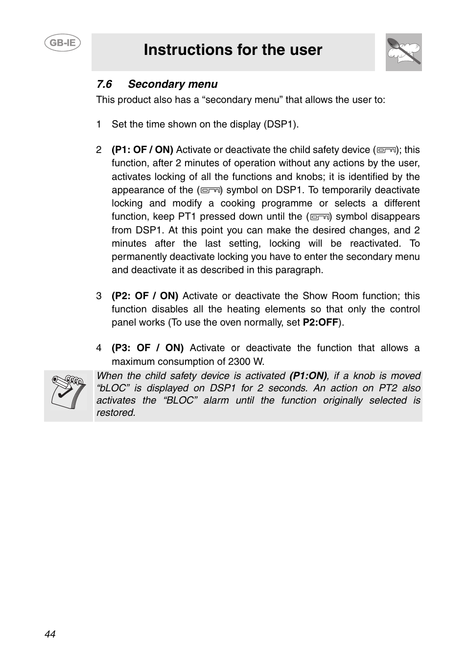 6 secondary menu, Instructions for the user | Smeg FC66B User Manual | Page 12 / 30