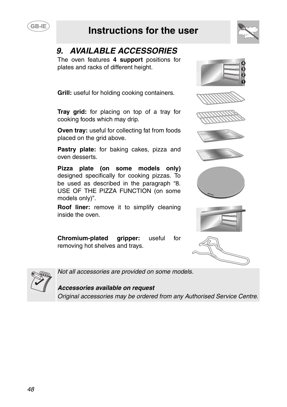 Available accessories, Instructions for the user | Smeg FC66B User Manual | Page 16 / 30