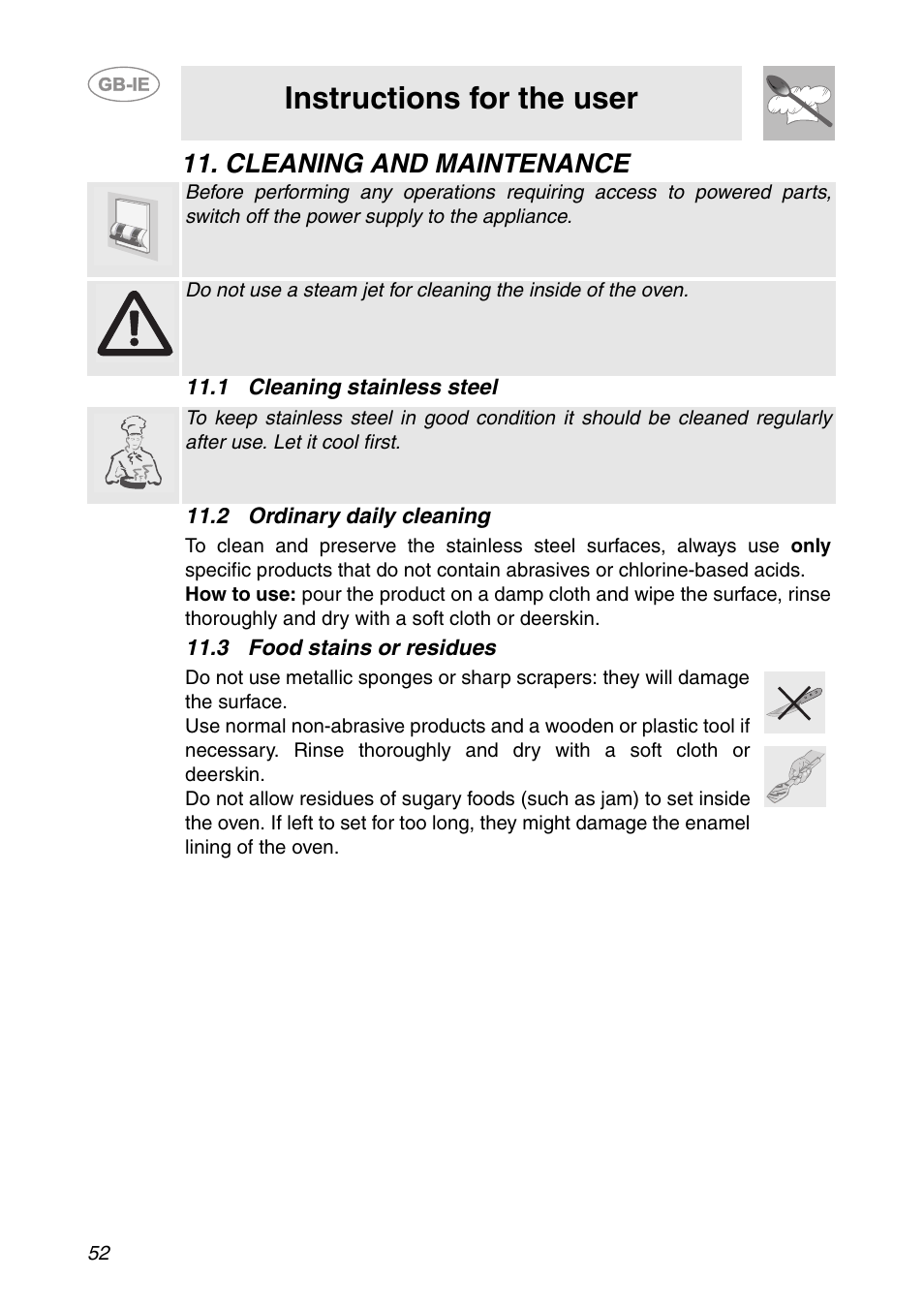 Cleaning and maintenance, 1 cleaning stainless steel, 2 ordinary daily cleaning | 3 food stains or residues, Instructions for the user | Smeg FC66B User Manual | Page 20 / 30