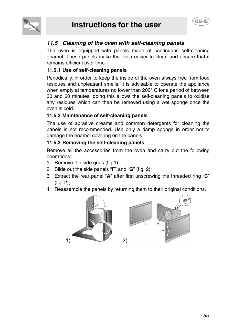 5 cleaning of the oven with self-cleaning panels, Instructions for the user | Smeg FC66B User Manual | Page 23 / 30